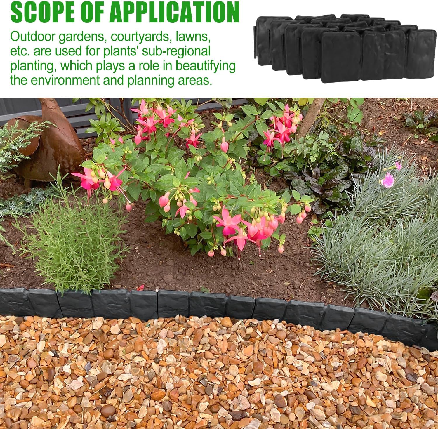 Garden Edging Border NO DIG, with Landscape Edging Anchoring Spikes, Black Stone Effect Plastic Lawn Edging Fencing, Interlocking Yard Lawn Edging for Flower Bed | 32 Ft | 40Pcs | Black |