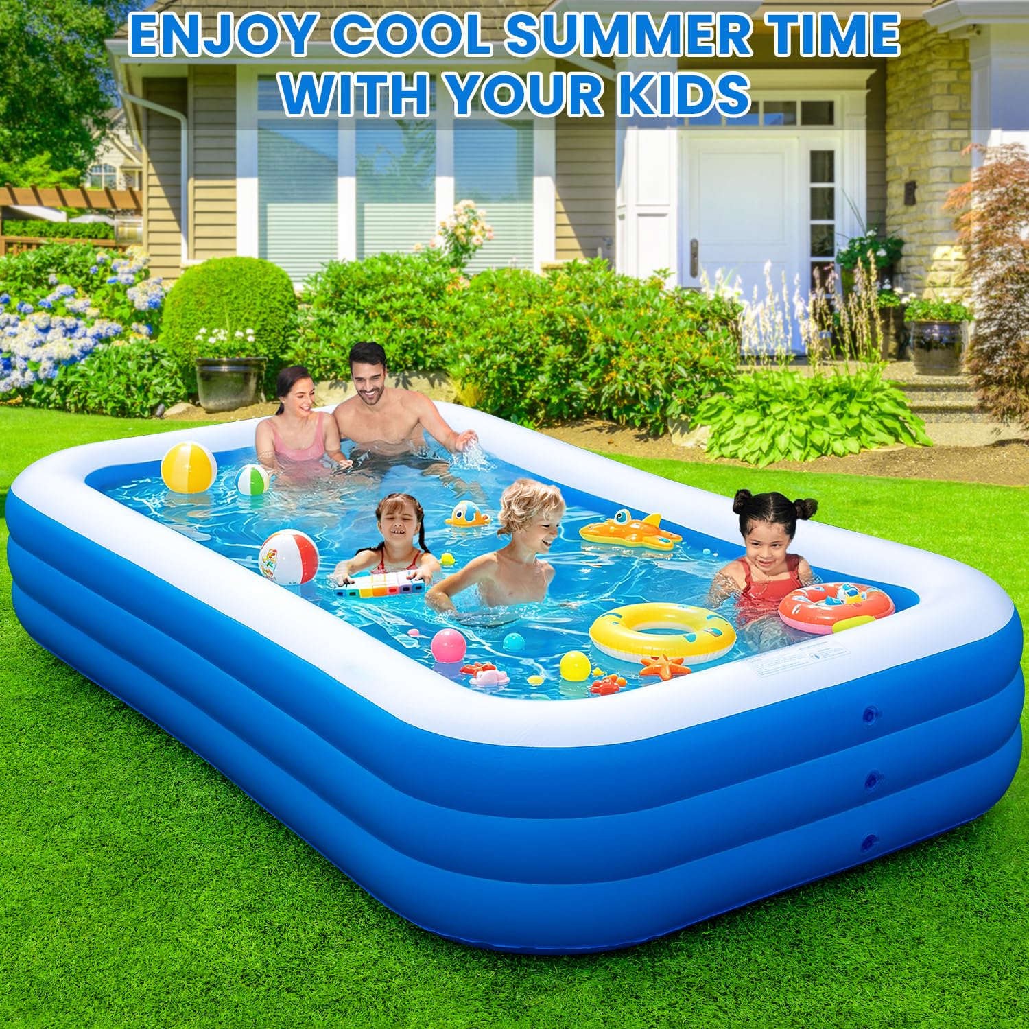 Piscina gonfiabile per famiglie, 330,2 x 182,9 x 55,9 cm, grande piscina gonfiabile per adulti e bambini, piscina da cortile ispessita con pompa, gonfiaggio rapido, piscina estiva all'aperto per feste