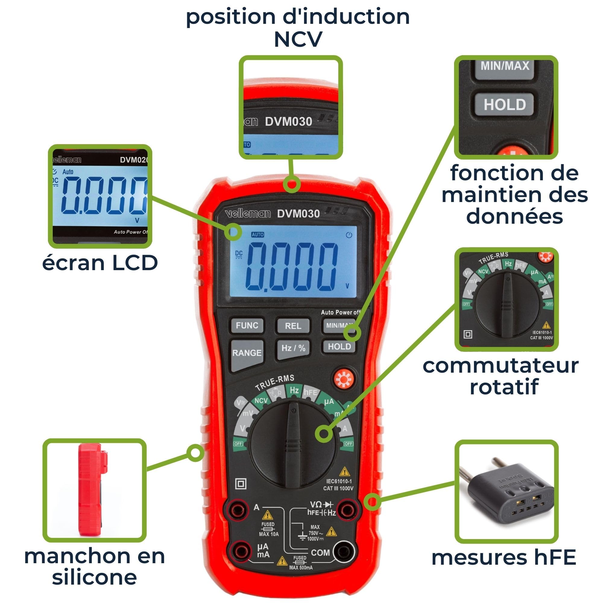 Velleman Multimètre numérique, sans contact, pour la mesure de courant CA/CC, tension CA/CC, résistance, fréquence, capacité, diodes et continuité, avec cordons de mesure, avec maintien des données,