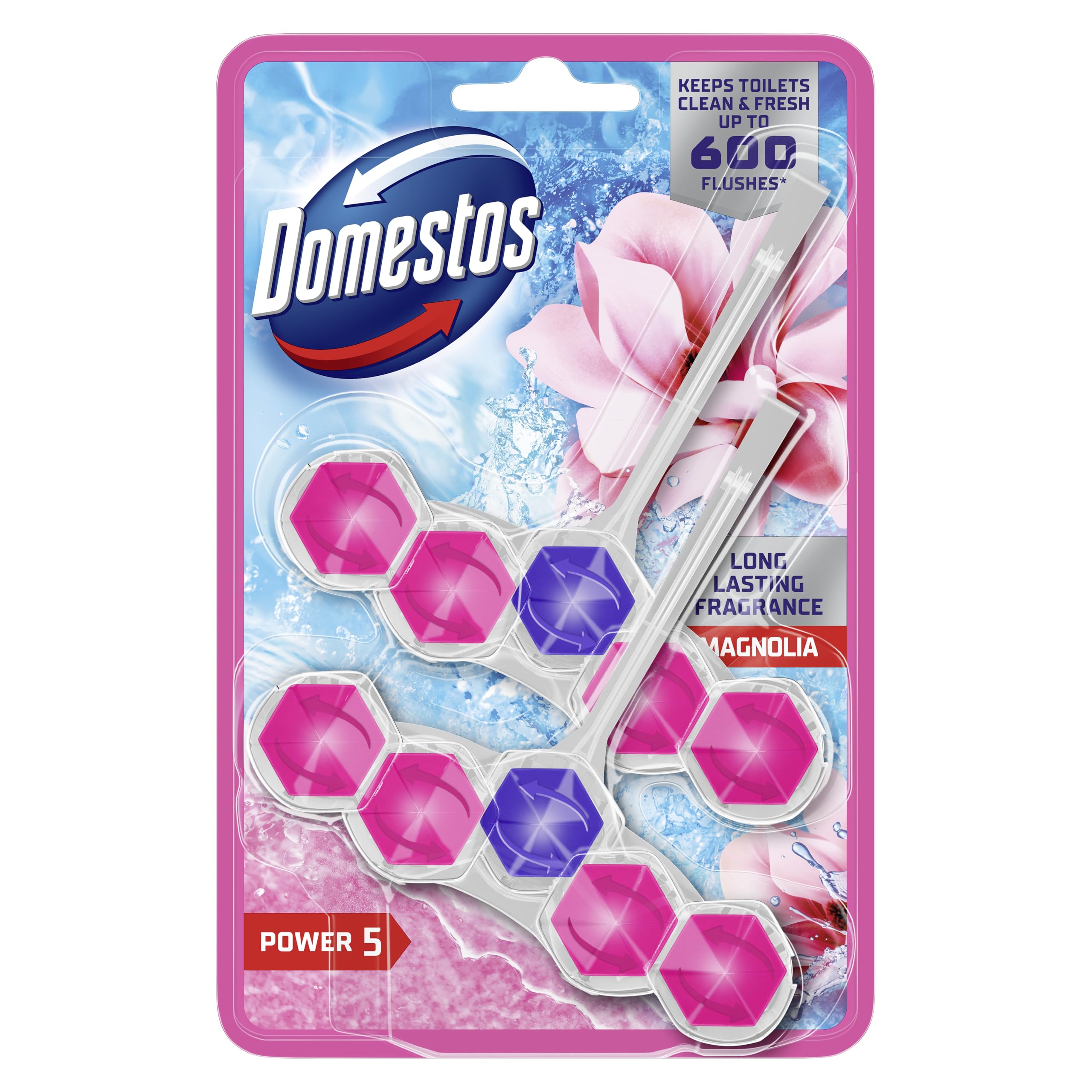 Domestos Power 5 Magnolia Toilet Rim Blocks 2x 50 g toilet freshener with a long-lasting fragrance clean and freshen for up to 300 flushes
