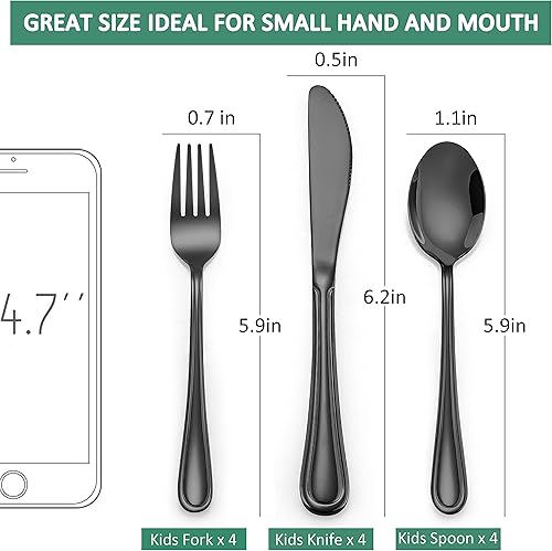 Miniatura 7 de LIANYU Juego de cubiertos negros de 15 piezas para niños pequeños, de acero inoxidable, juego de cubiertos para 5 personas, incluye cuchillo