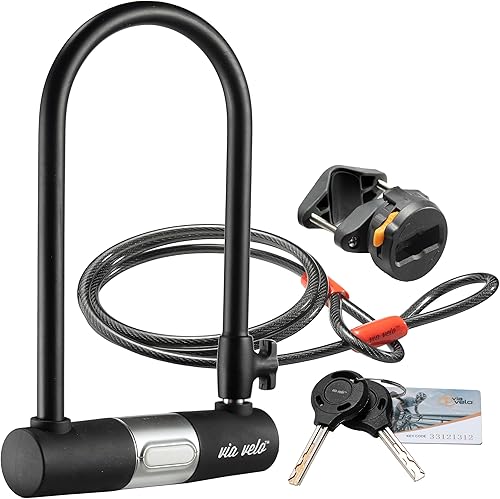Candado en U para bicicleta con cable  Via Velo Heavy Duty Anti-Theft Bicycle U Lock Vendido seguro plata 0.591 in grillete interior Dim 9 x 4.5