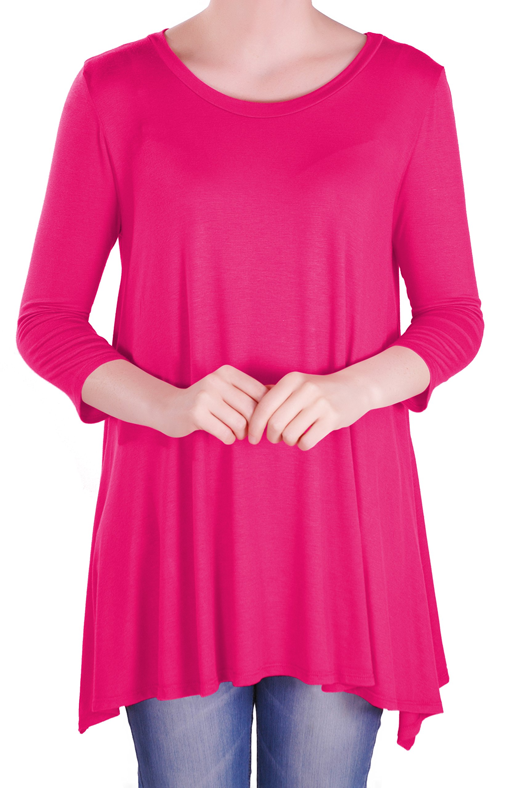 Eye Catch - Reva Womens Round Neck Flared Ladies 3/4 Sleeve Tunic T Shirts Tops Blouse Fushia Size 22-24