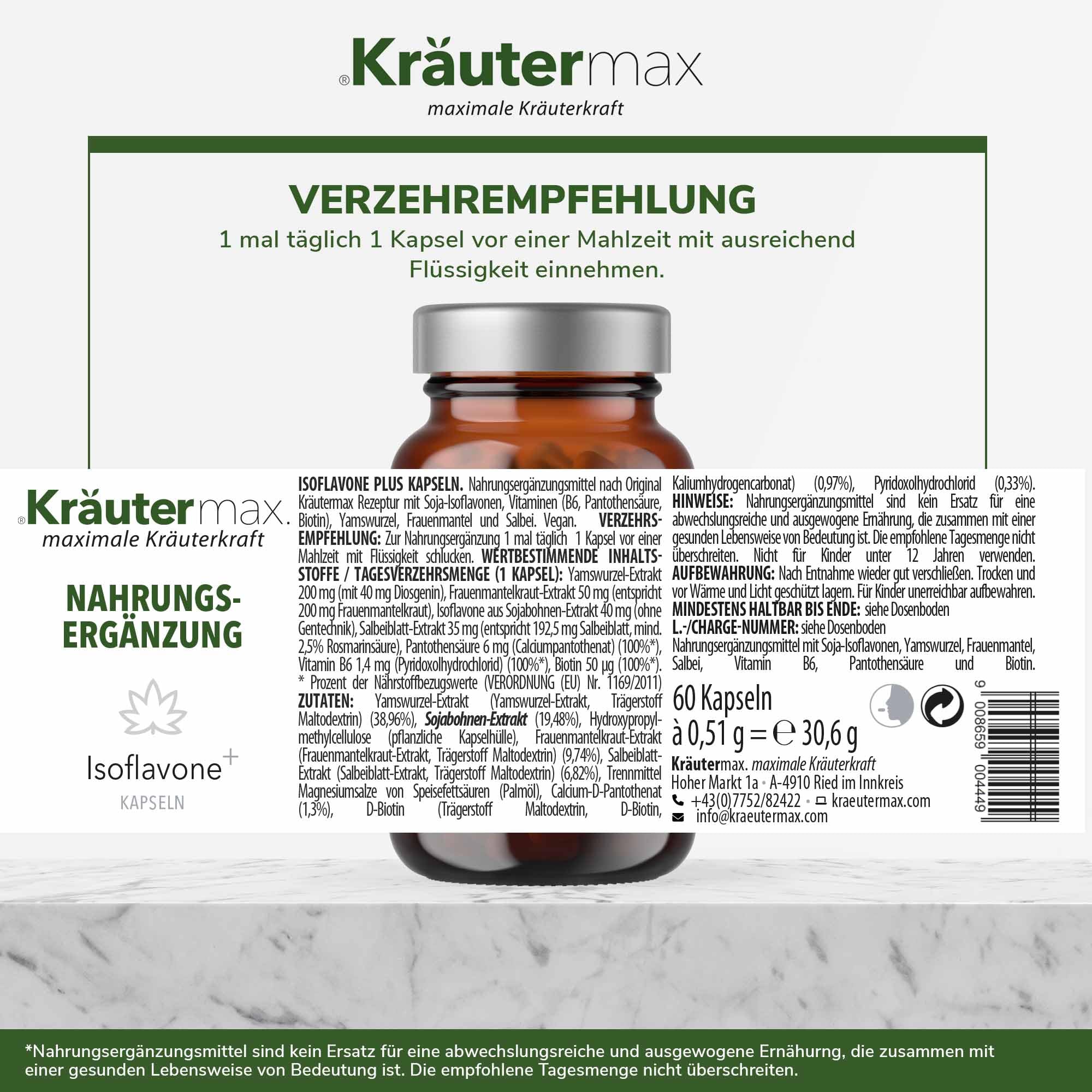Kräutermax Soja Isoflavone & Yamswurzel Kapseln, plus Frauenmantel, Salbeiund Vitamin B, Vegan, 60 Kapseln