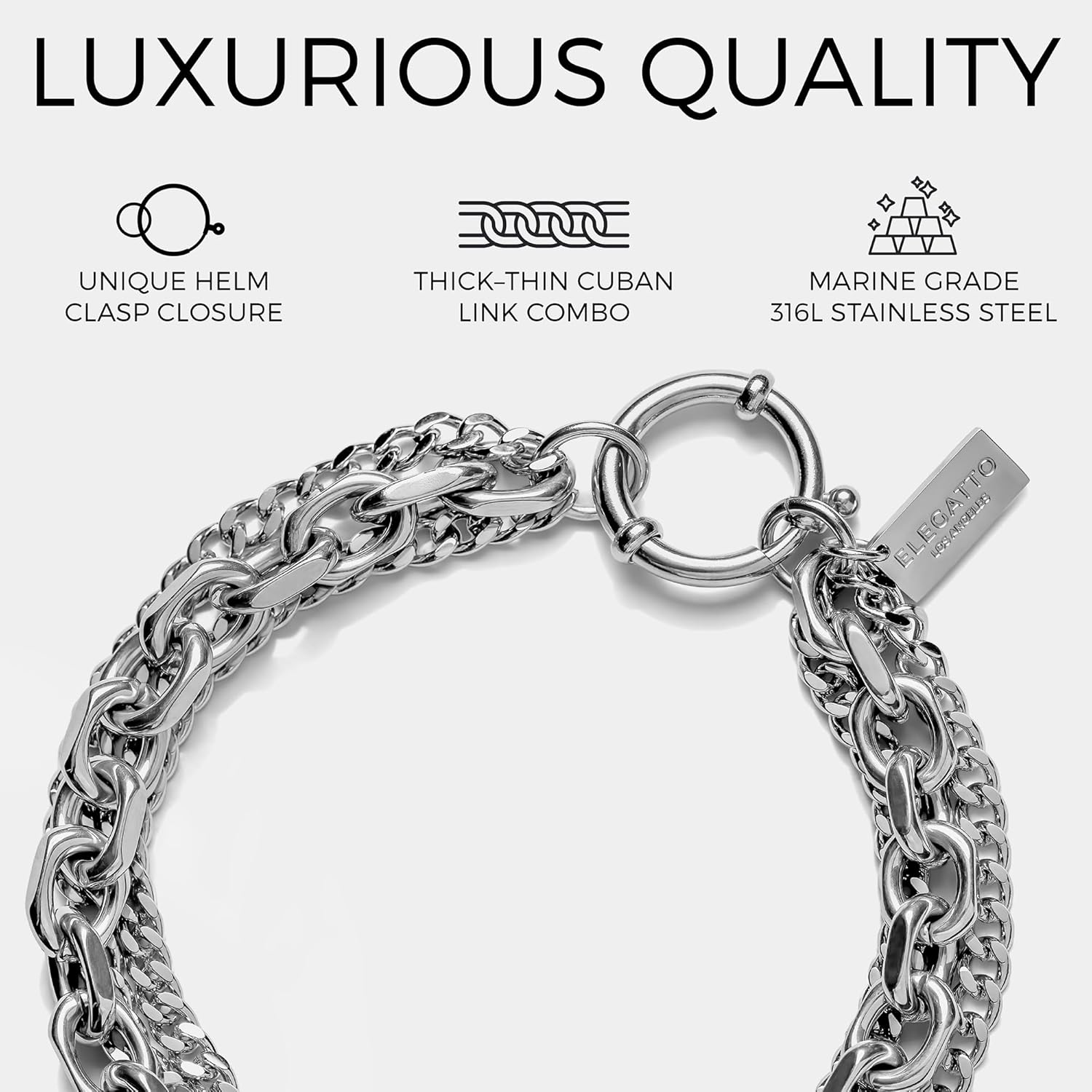 Elegatto Atlas Premium 18K Gold Plated Double Chain Bracelet for Women | Polished Gold-Plated Stainless Steel Cuban Links with Helm Clasp | Women’s Designer Jewelry - Image 3