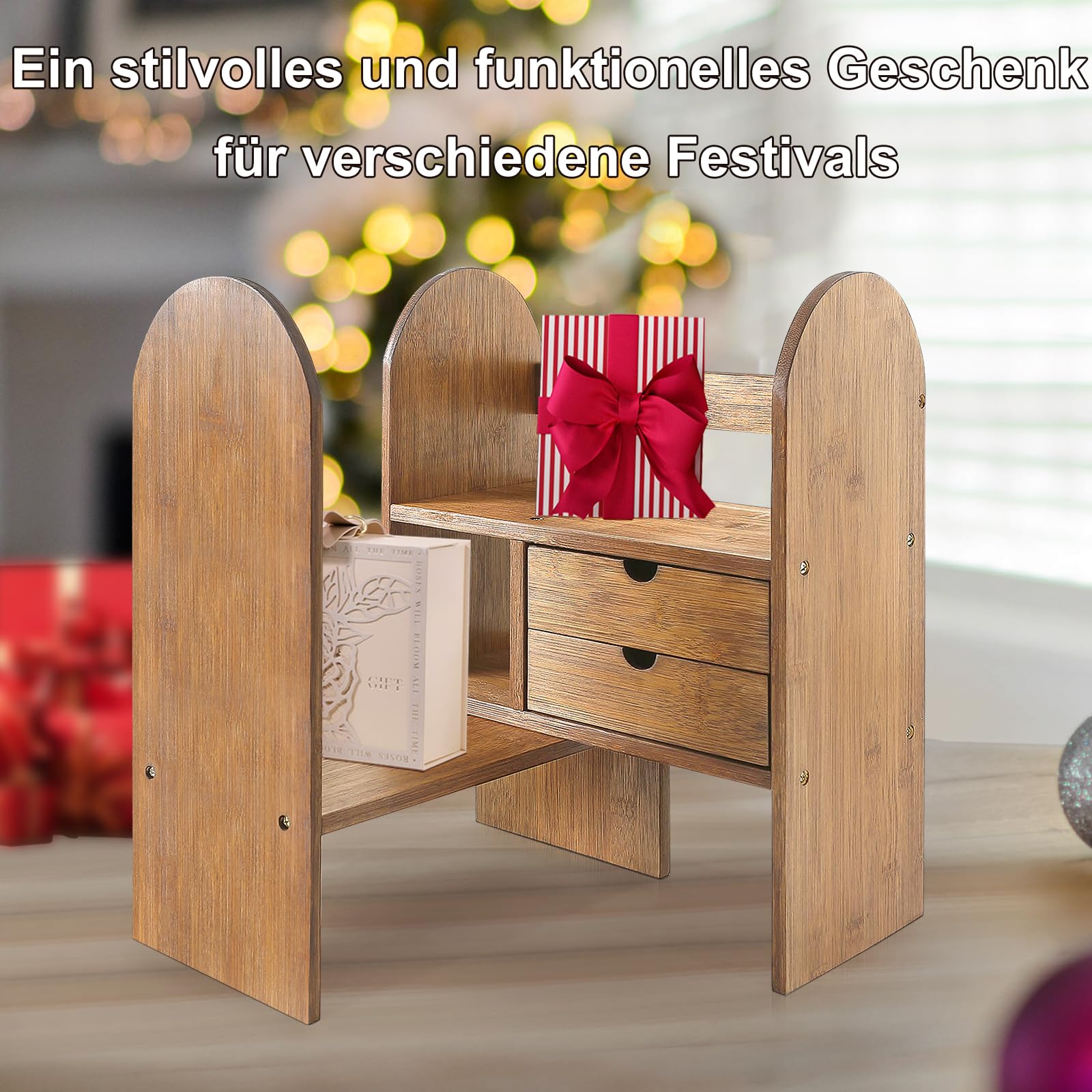 GUUSII HOME Bücherregal Klein Holz Schreibtischregal Verstellbare Tisch Regal Schreibtisch Organizer Ausbaufähig für Bücher Bürobedarf Büro Schreibtischaufsatz Bambus Tischregal Küche (Braun)