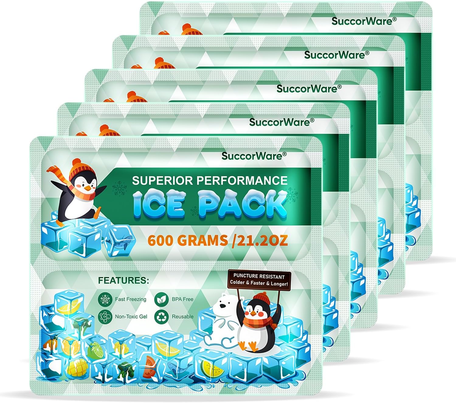 SuccorWare 5 Packs Reusable Ice Packs for Lunch Boxes - 12+ Hour Cooling Ice Gel Pack for Camping, Beach, Office - Ice Packs for Cooler Bag, Cooler Backpacks