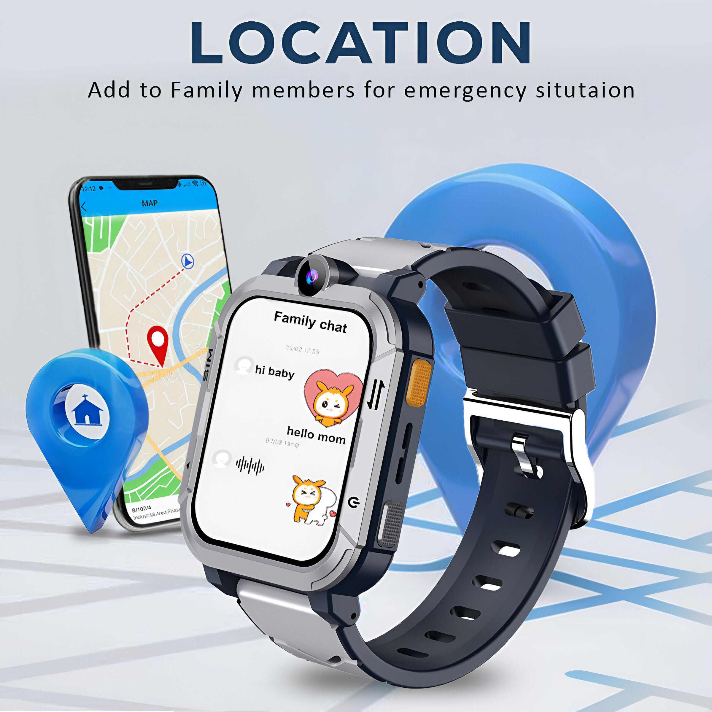 GameSir Musk 5G 5G/4G Kids Smart Watch with GPS Tracker, SIM Calling, Face Unlock, Video Calls, SOS Alerts, IP67 Waterproof, 800mAh Battery, Voice Chat, Live Location (Grey) 4