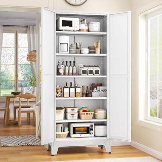 GAIOUS 75.2" Tall Metal Pantry Cabinet with 2 Doors & 5 Adjustable Shelves - Durable Kitchen Storage Cupboard, White