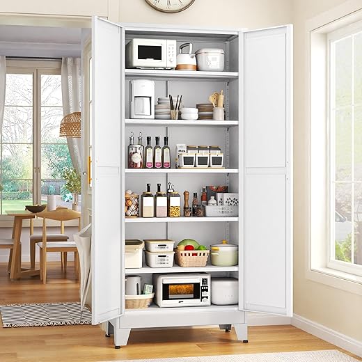 GAIOUS 75.2" Tall Metal Kitchen Pantry Storage Cabinets with 2 Door and 5 Adjustable Shelves, Cupboard for Kitchen, Dining Room, Living Room and Bathroom, White