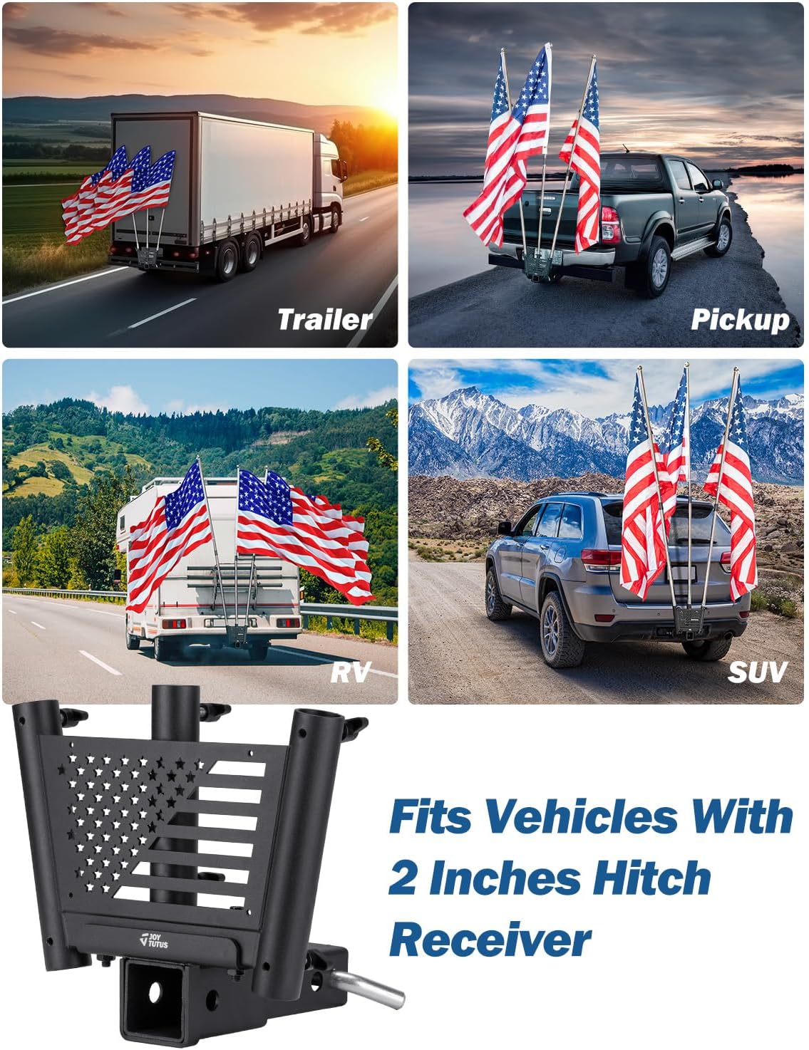 JOYTUTUS Triple Hitch Flag Pole Holder for Standard 2 Inch Receivers, Fits Truck SUV RV Pickup Camper Trailer Hitch Mount Flagpole Holder with Hitch Receiver - Image 6