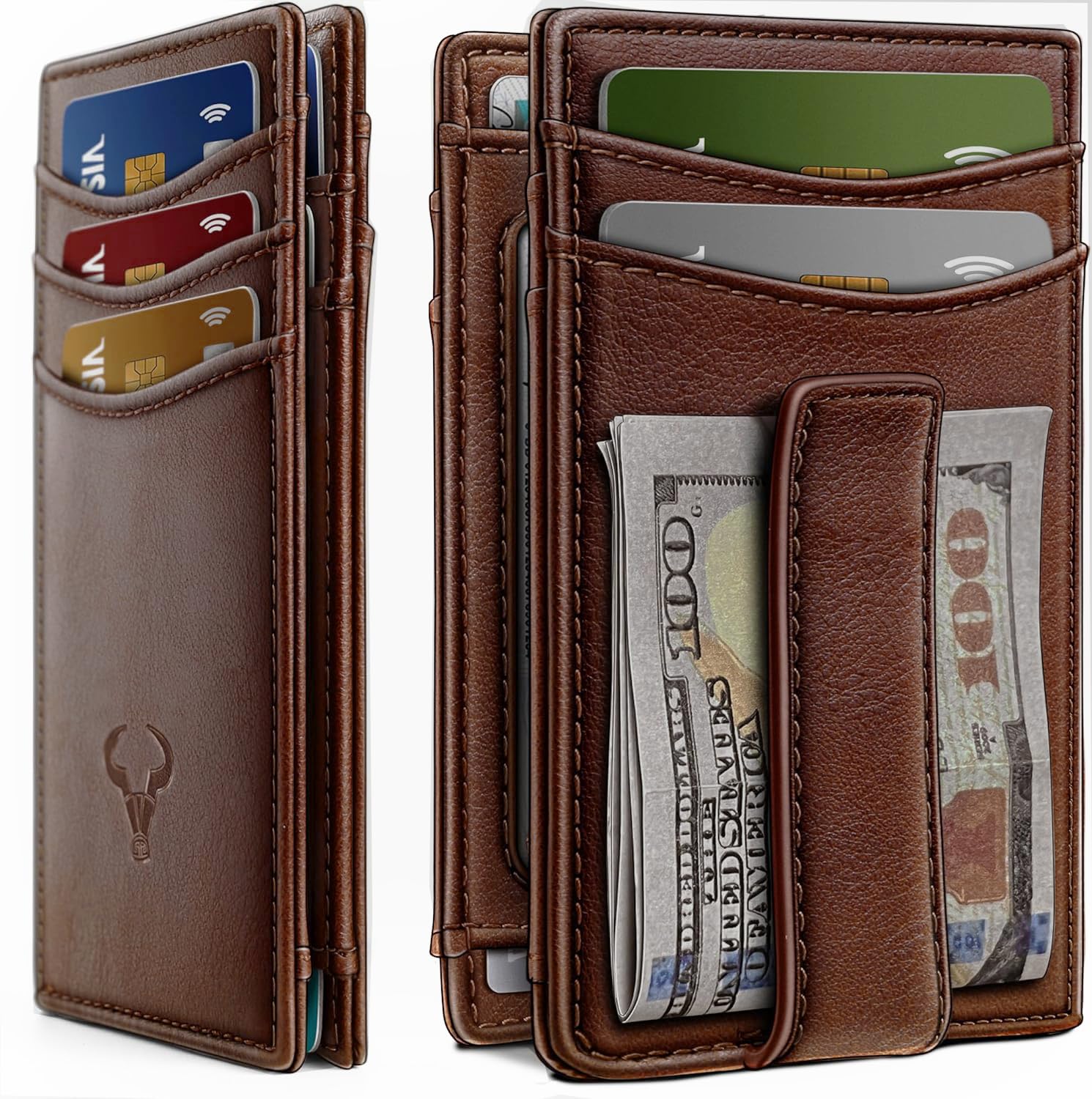 RFID Blocking Magnetic Closure Slim Genuine Leather Front Pocket Wallet for Men Holds up to 12 Cards Including 1 ID Window Along with Money Clip (Brown)