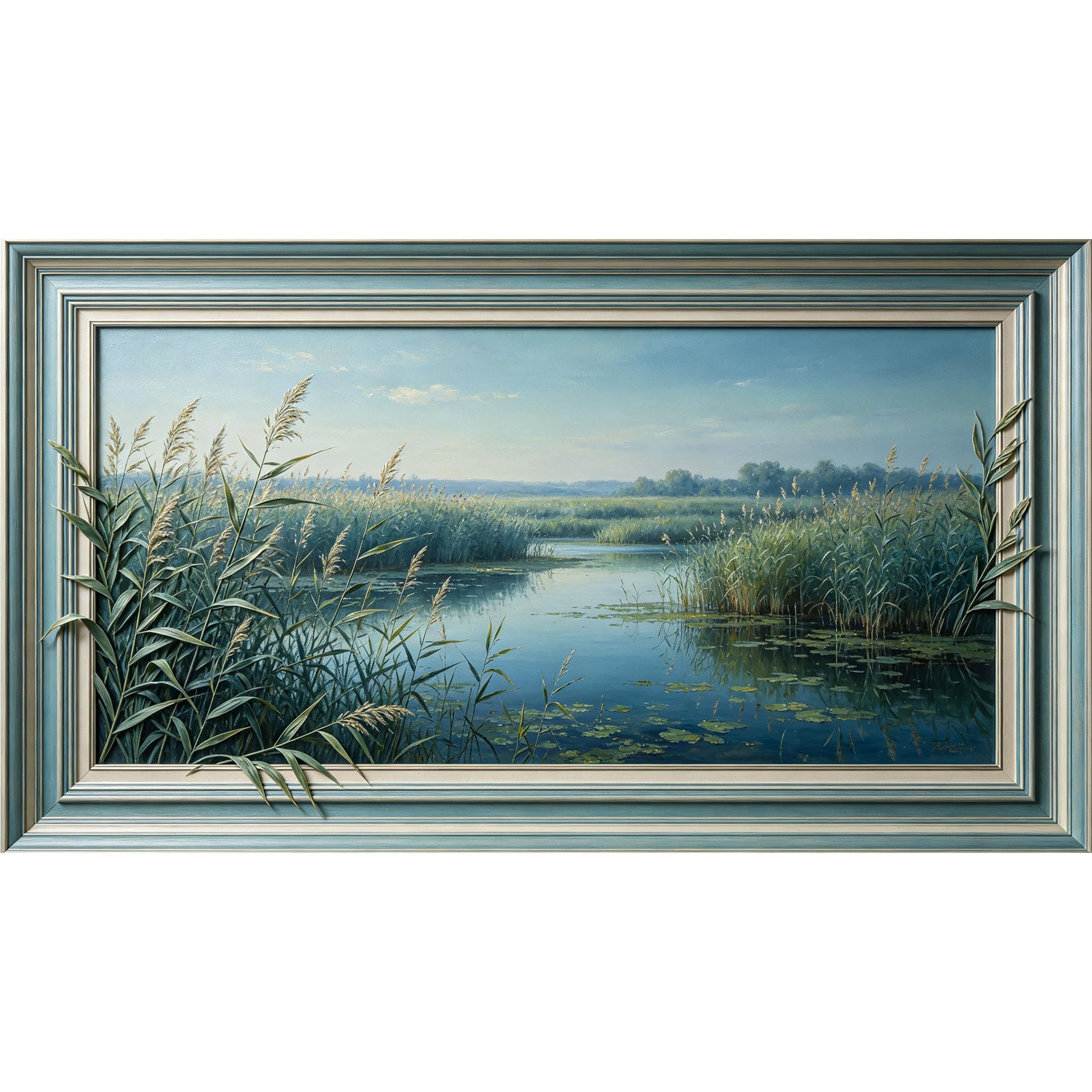 QZLITHOTIC 50x90cm3D Framed Wall Art， Tranquil Lake Landscape Botanical Reeds Water Reflection SelfAdhesive Mural， WaterActivated Peel & Stick Fabric Decor Wall Decal for Bedroom Living Room