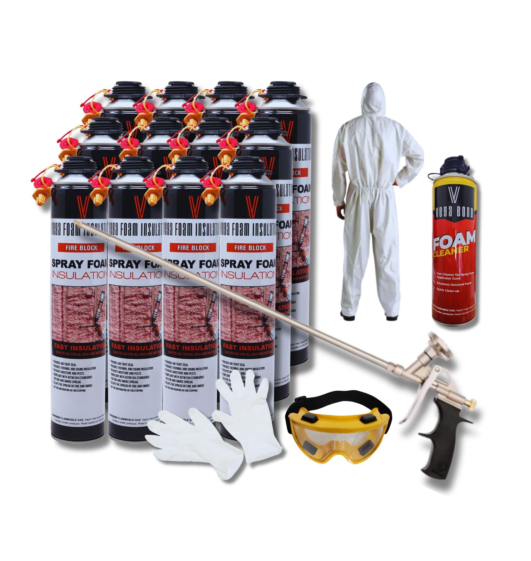 Vega Foam Fire Block Spray Foam Insulation Kit. Closed Cell Thermal and Sound Insulation. 12 Cans with All Accessories & Long Nose Gun. Covers up to 240 sqft at 1 inch 12 Canisters Total