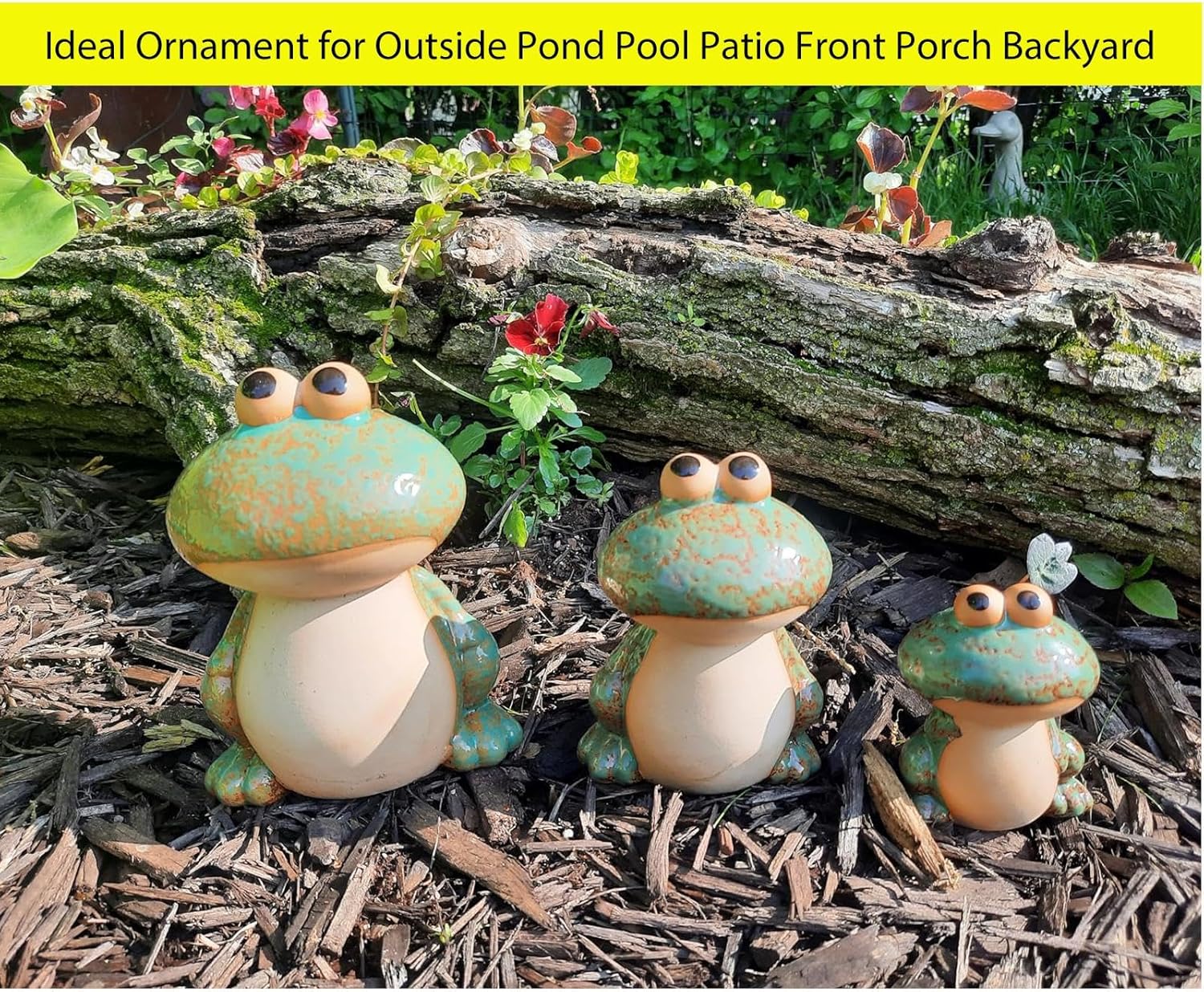 Ceramic Frog Garden Decor Set of 3 - Funny Cute Frog Lawn Ornaments, Outdoor Pond Patio Statues for Yard, Front Porch, Backyard Decor (Dad, Mom & Baby Frogs)