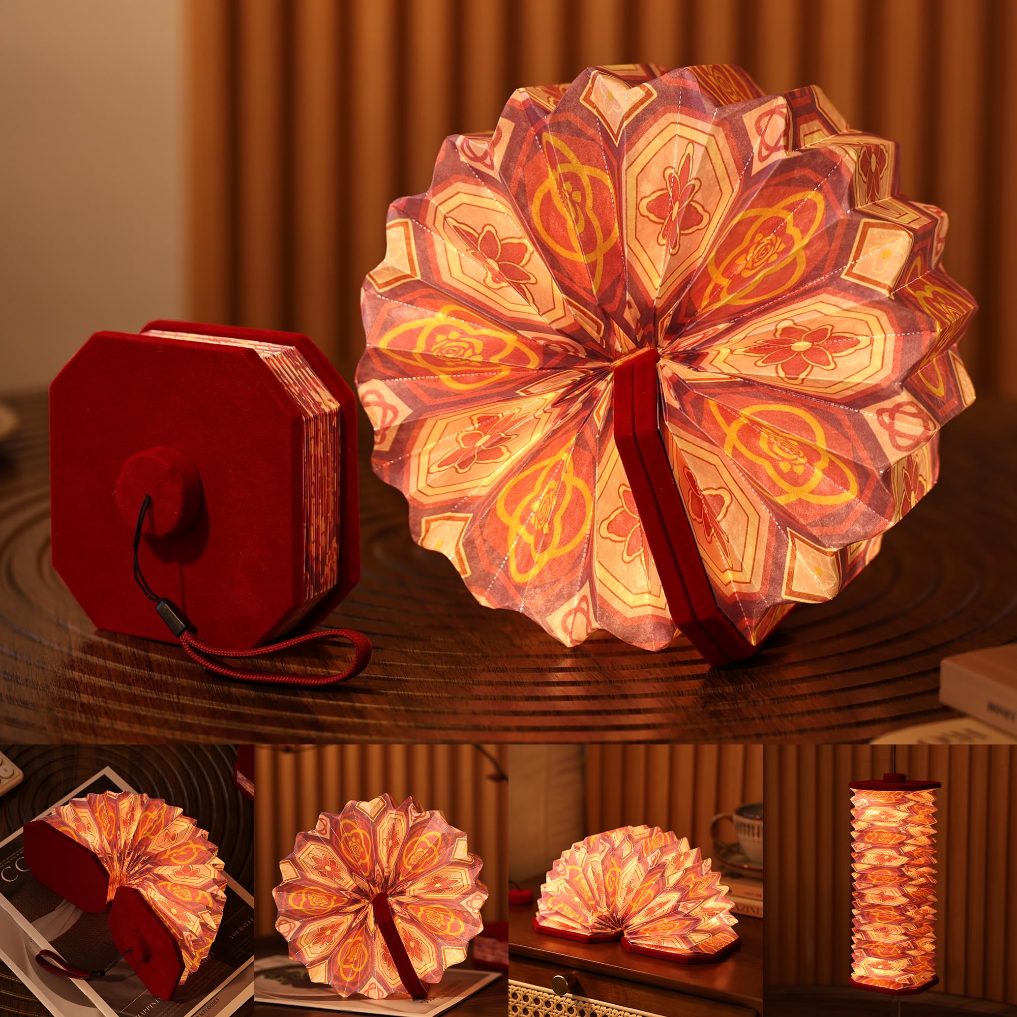 Ba suns Vintage Accordion Lamp - Touch Control 3 Color Changing, Soft Flannelette Cover with Printed Pages, Portable Bedside Table Desk Night Light, Decor Ambient Lighting for Home/Bedroom/Cafe-Red