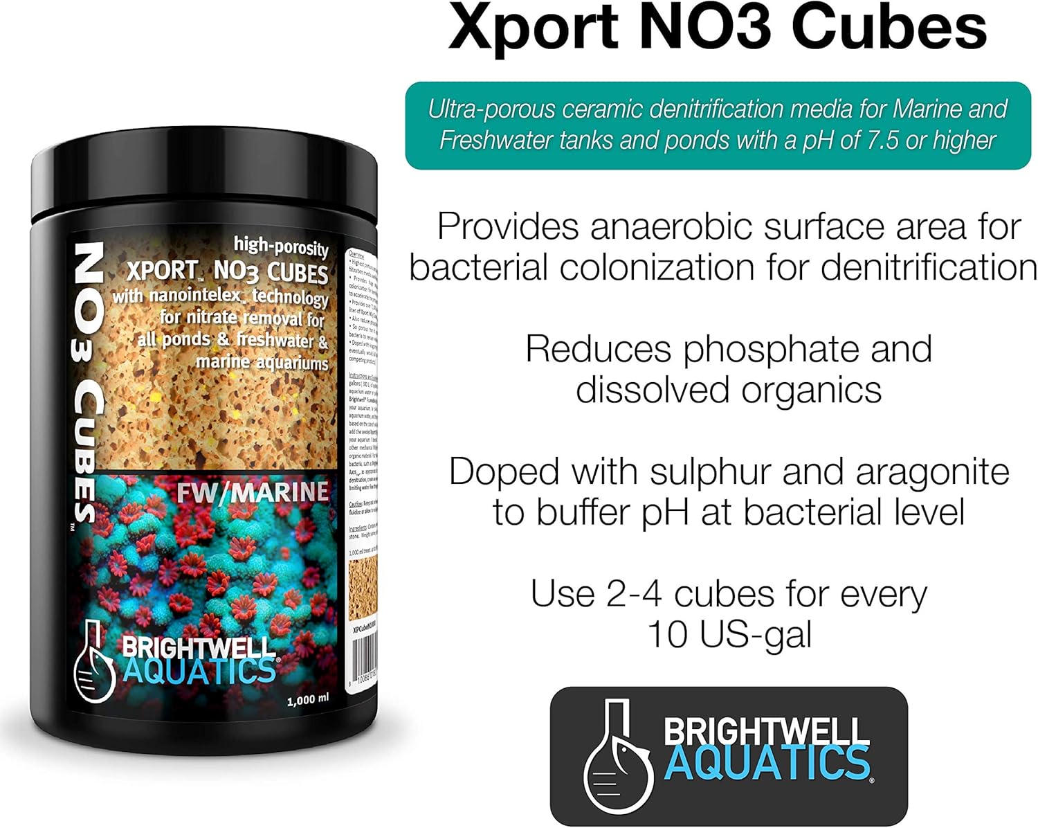 Brightwell Aquatics Xport-NO3 Cubes - ½” Cubes, Sulfur Doped, Activated Denitrification Media, 500-ml, Model Number: XPCubeN500