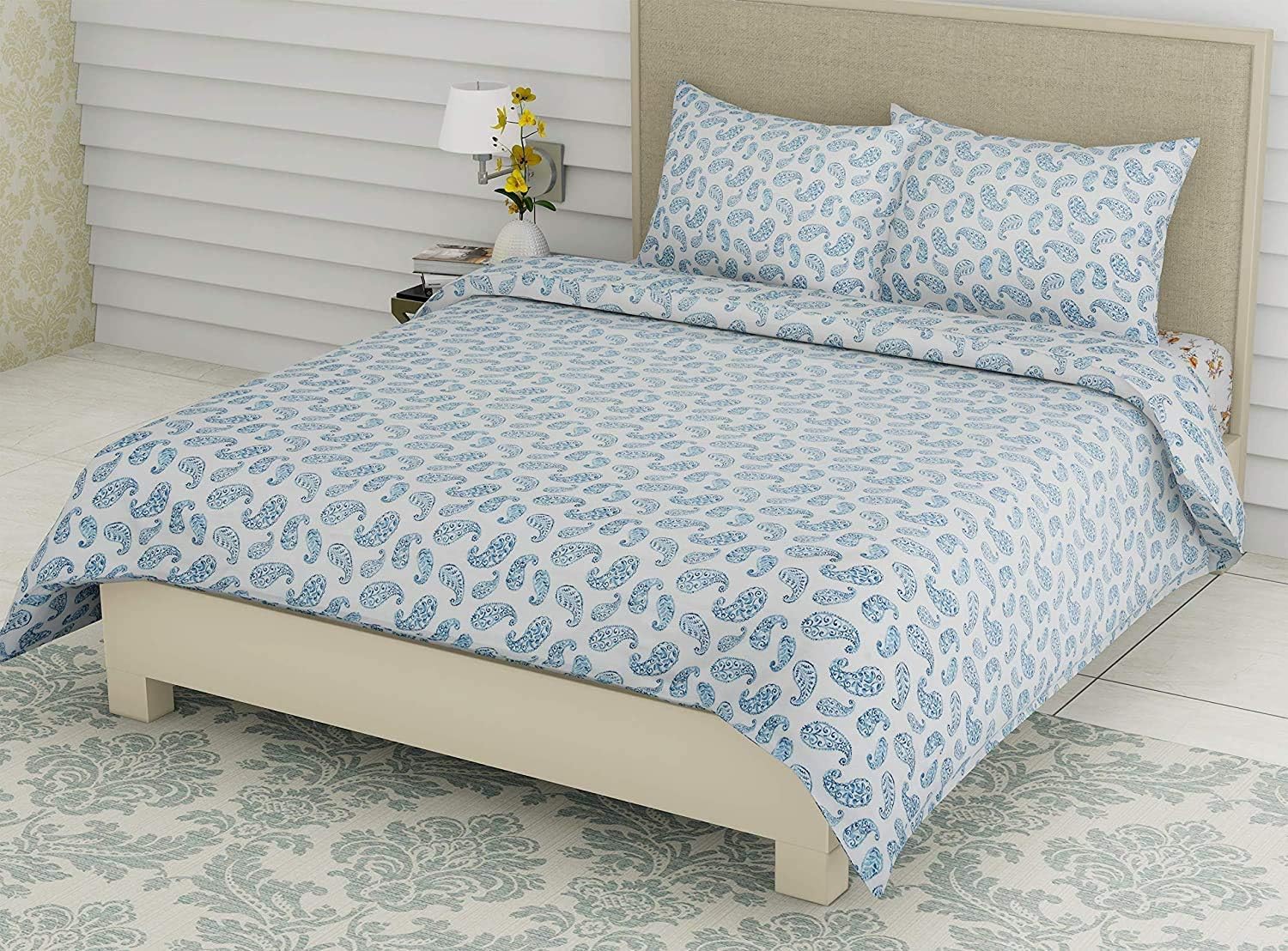 LINENWALAS 100% Cotton Twill Weave All-Around Elastic Fitted Bedsheet with 2 Pillow Covers for Queen Size Bed - 200 TC, Soft Durable & Economical Printed Sheets (60x78 Inch, Blue Paisley)