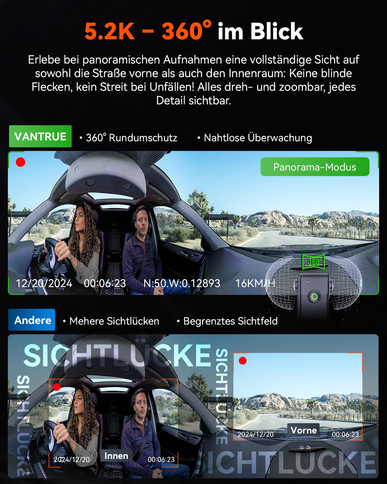 VANTRUE E360 Panorama Dashcam Auto Vorne Innen, 1.54″ Touchscreen | Dual STARVIS 2 HDR Dash Cam, 360° Parküberwachung mit WiFi App, GPS, max. 1TB Erweiterbar (Heckkamera/Tragehalterung)