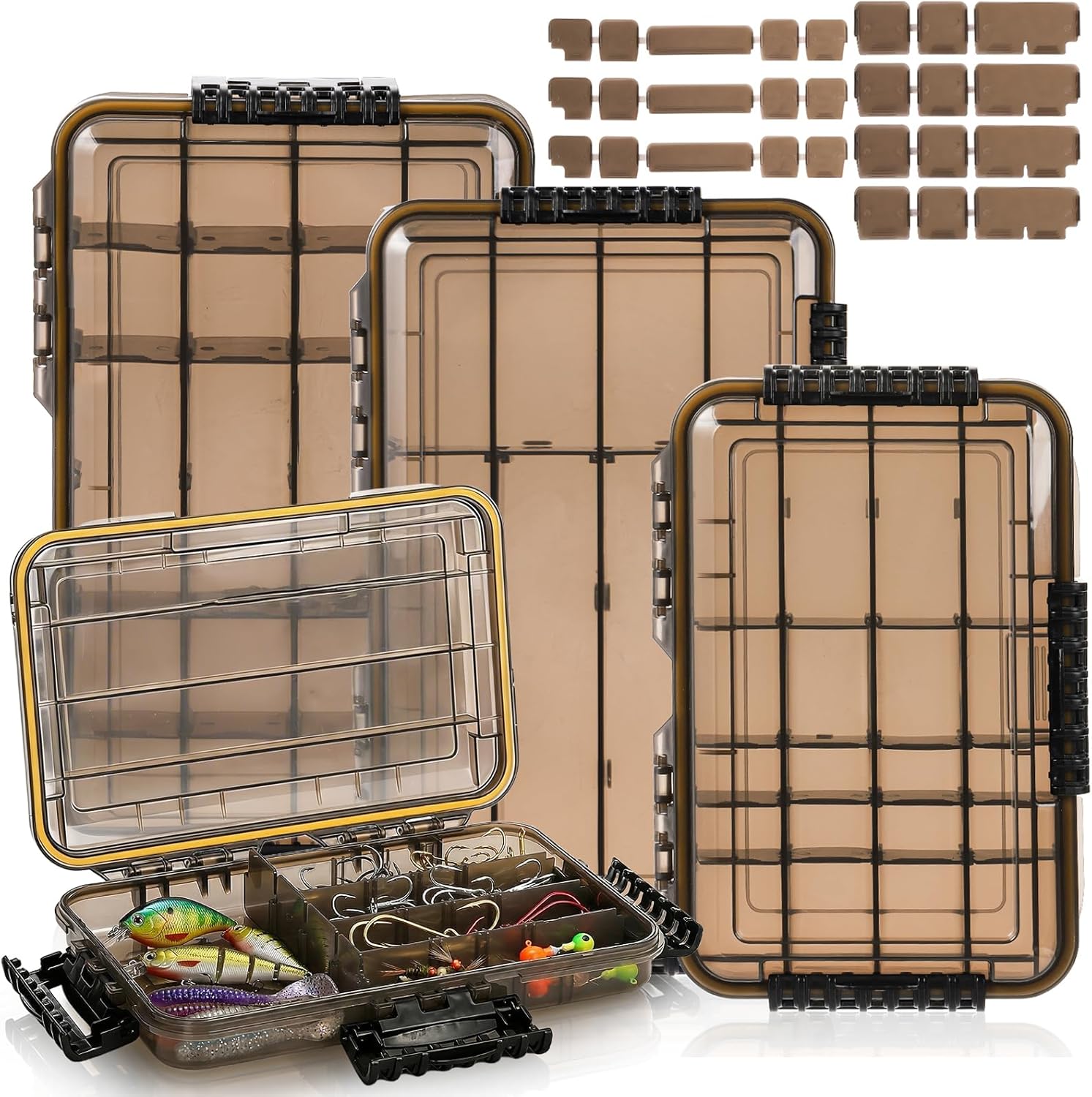Noamus 3 Pack Fishing Tackle Boxes, 3600 3700 Tray Storage Box, Waterproof Plastic Container with Adjustable Divider, Tea-Colored Floating Snackle Lure Organizer for Saltwater Freshwater(3 Size)
