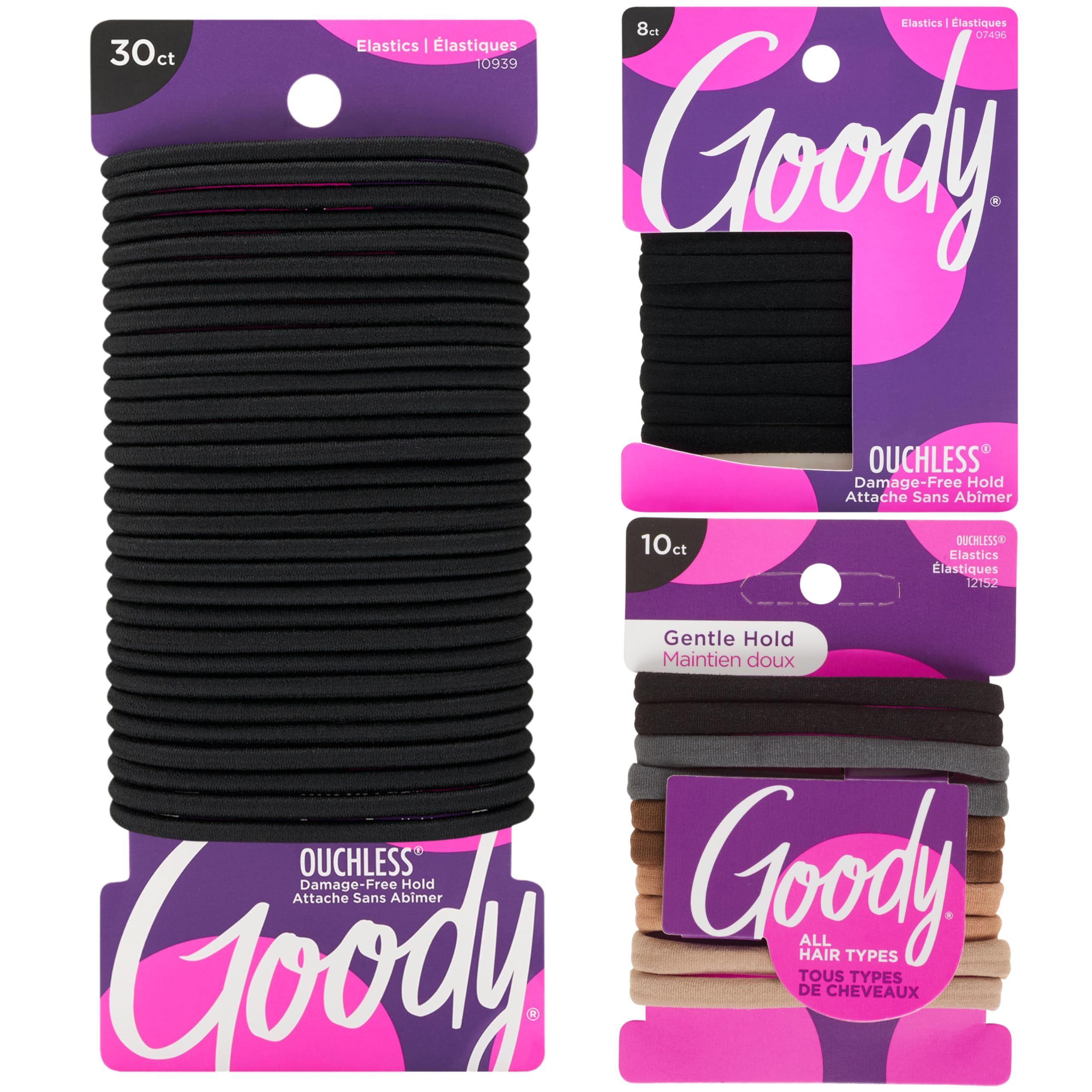 Goody Ultimate Daily Elastics Kit 48-Count | Ouchless No-Damage Hair Ties for Women & Men | 30 Black Elastics + 10 Neutral Seamless + 8 Black Seamless Ponytail Holders for All Hair Types