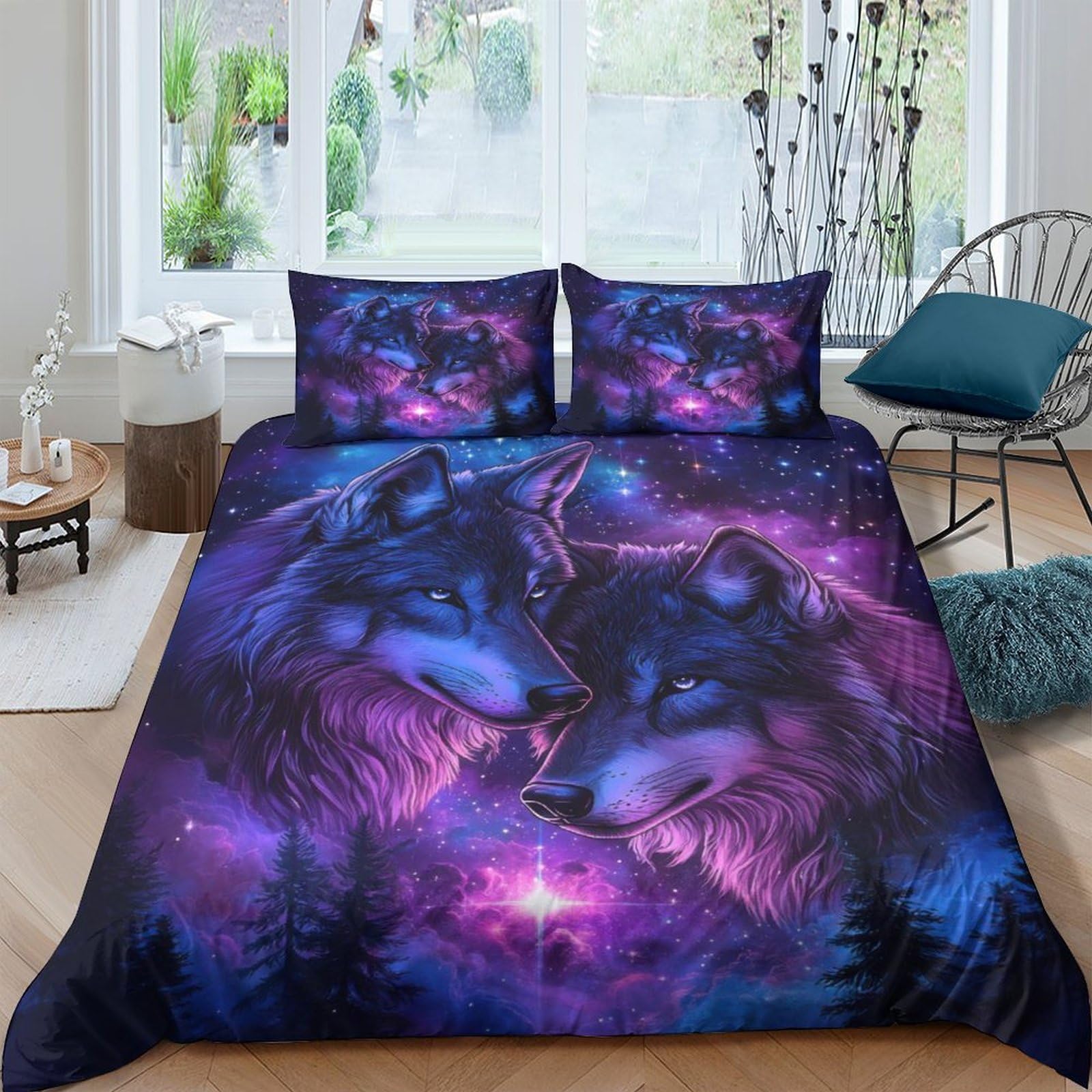 GPLZQXKJNH 3D Printed Wolf Galaxy Duvet Cover Microfiber Soft Breathable Cosmic Nebula Bedding Set with 2 Pillowcases for Bedroom Home Decor Single（135x200cm）