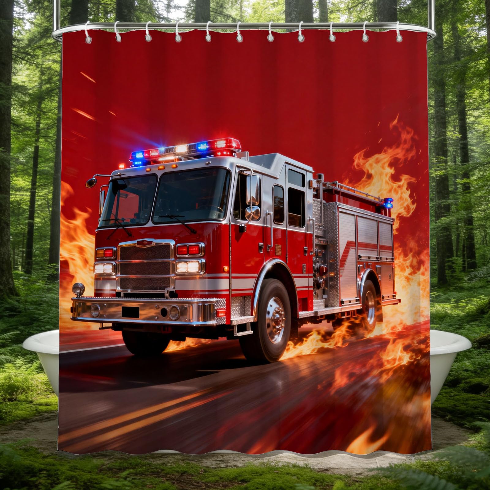 Hongduo 3D Fire Truck Flame Shower Curtain for Stalls Bathtubs Flame Bathroom Decor Shower Curtain Set Polyester Fabric Waterproof 180x200cm/71X79 Inch with Hooks
