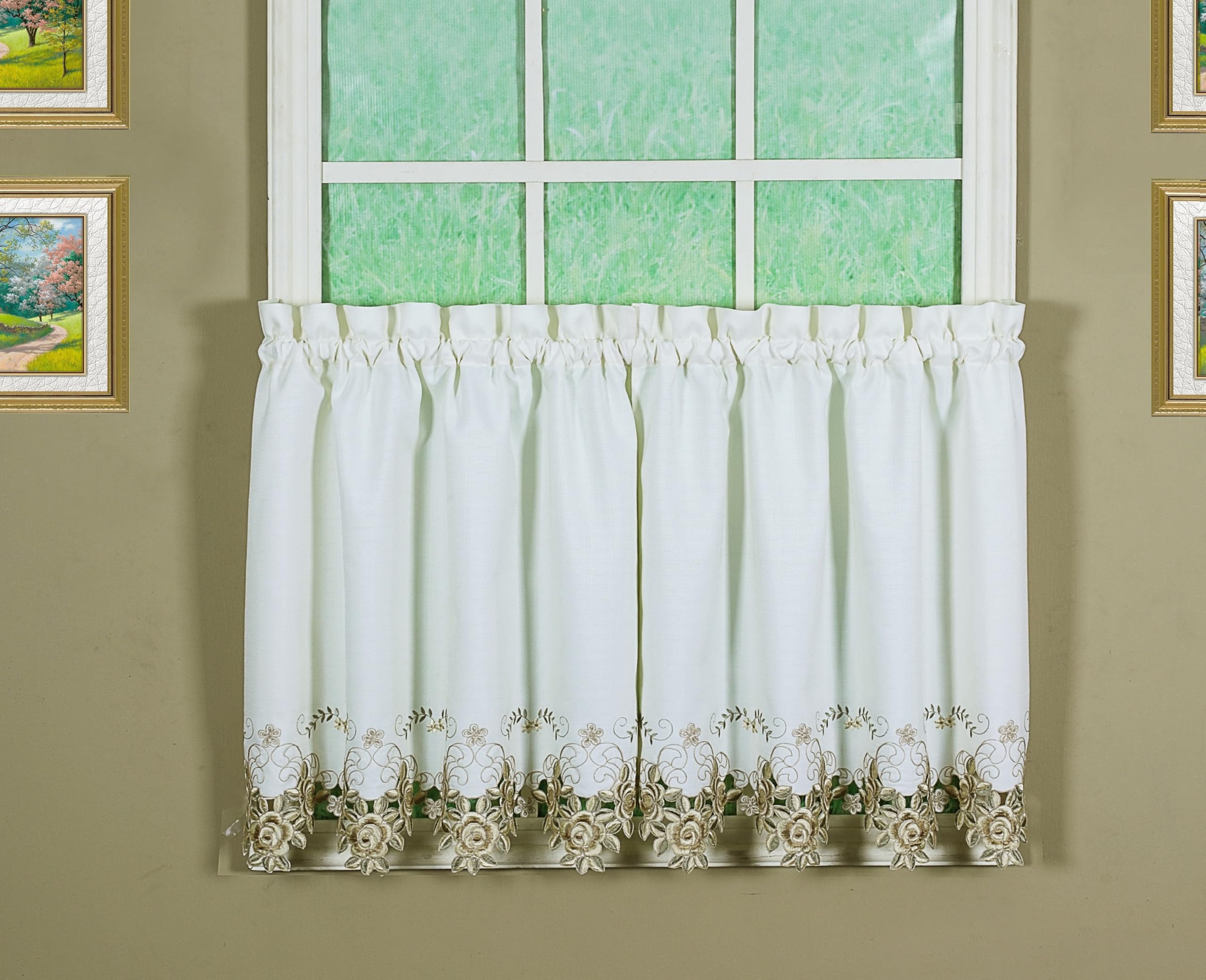 Today's Curtain Verona Reverse Embroidery Tier, 24", Ecru/Antique, 60" W X 24" L