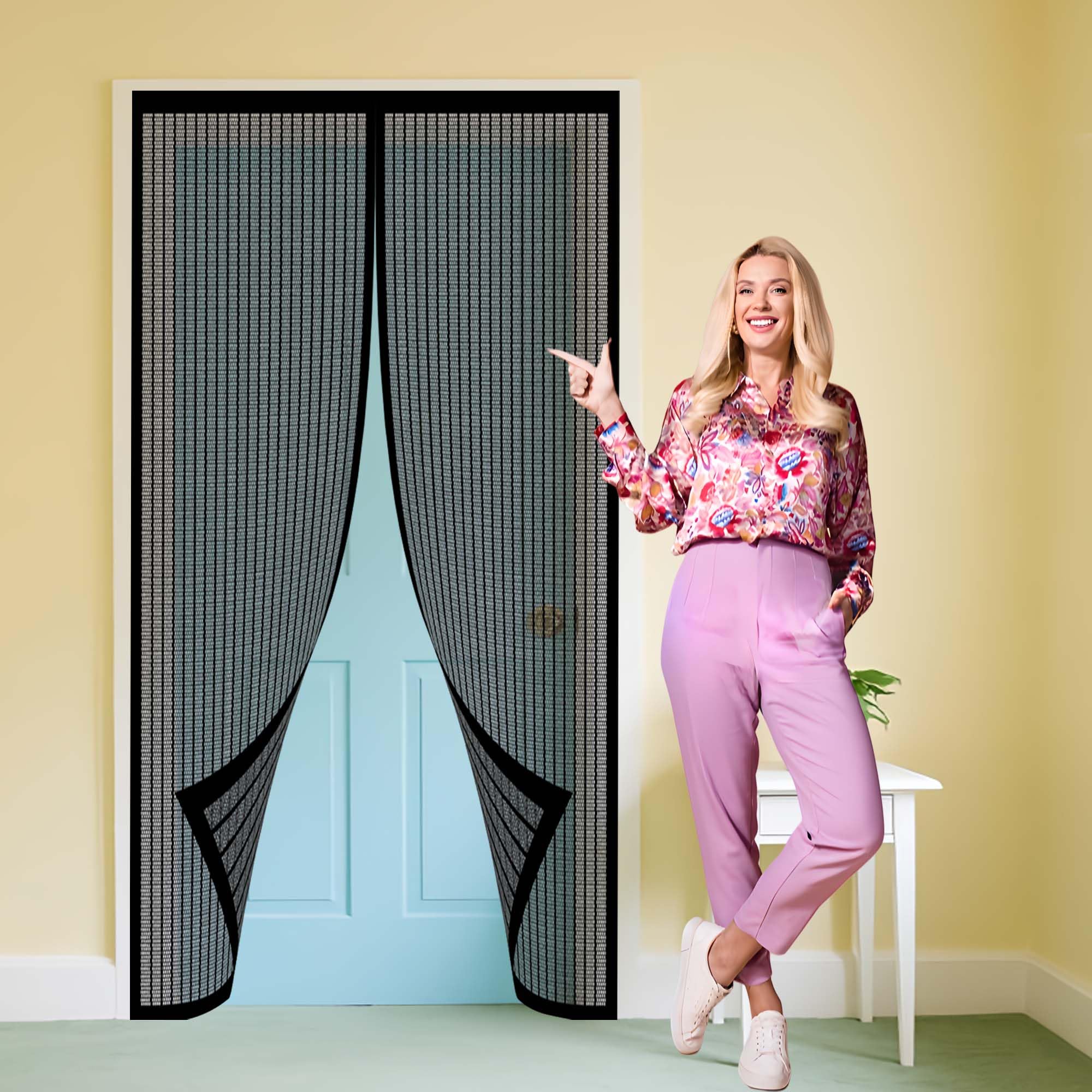 Zjunli Black Magnetic Screen Door 88 X 186 Cm No Drilling Heavy Duty Bug Mesh Curtain Self Sealing, Hands Free For Balcony And Patio Door,