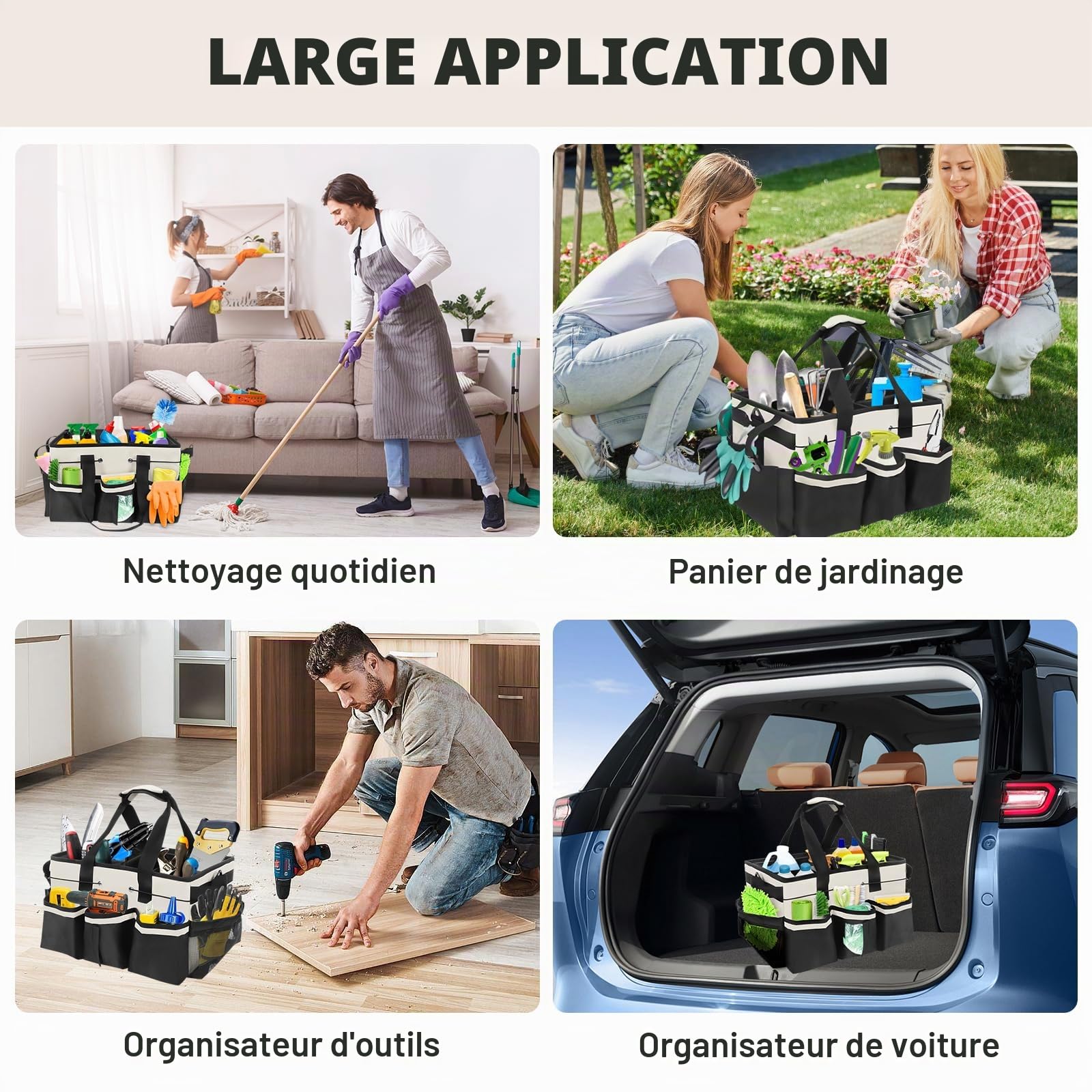 Qivine Grand Panier Rangement de Nettoyage, 5 Compartiments Seau de Rangement avec Séparateur Réglable, Organisateur de Caddie Sac de Nettoyage avec Poignée pour la Maison et la Voiture (Blanc)