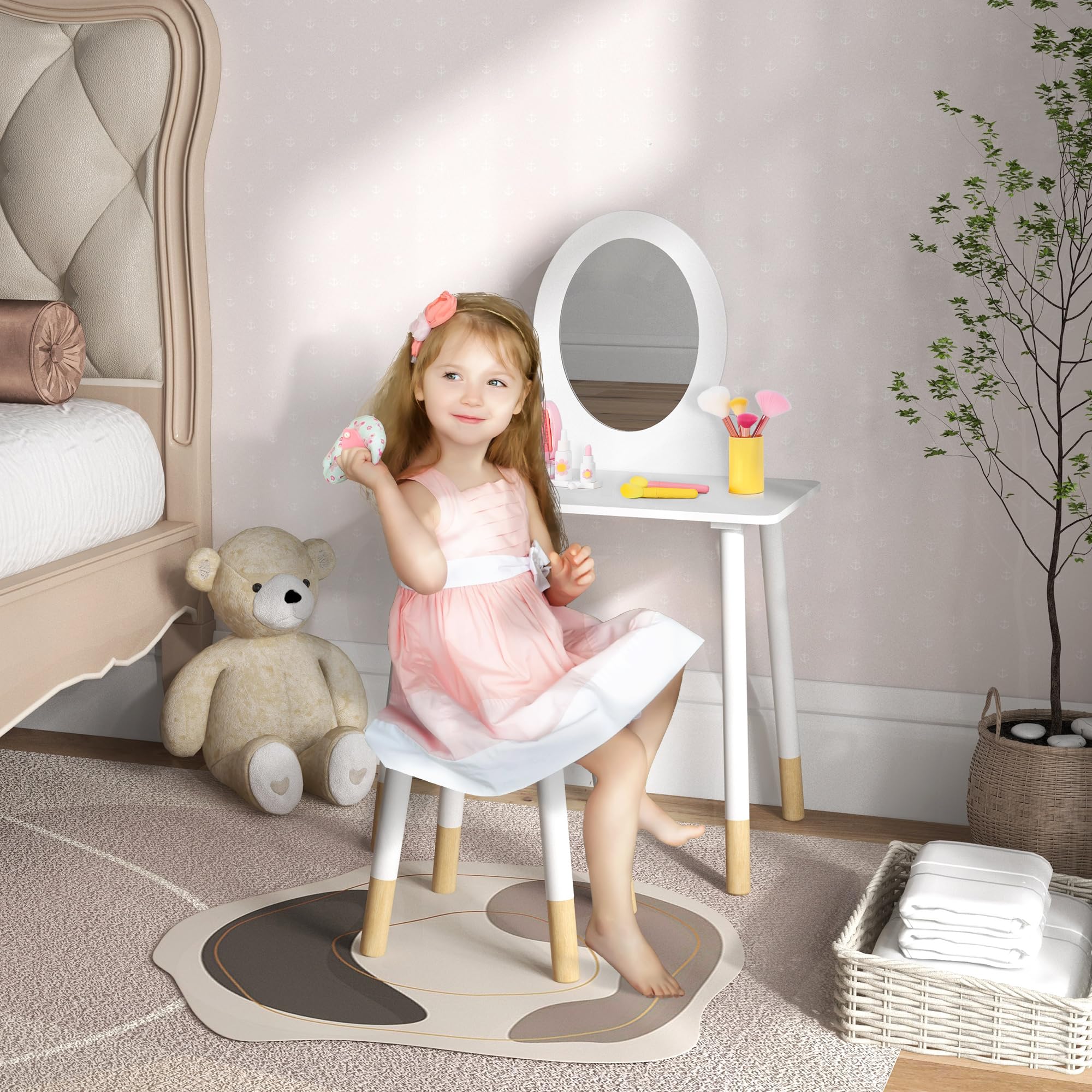 AIYAPLAY Tocador para Niñas con Taburete Tocador de Maquillaje Infantil para Niñas de +3 Años con Espejo Diseño Sencillo Blanco