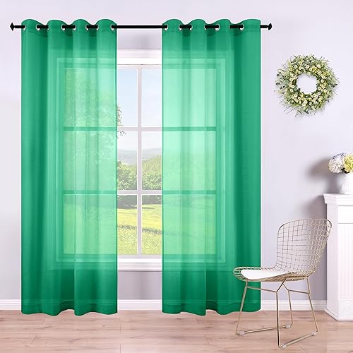 KOUFALL Cortinas traslúcidas verdes de 84 pulgadas de largo para sala de estar, juego de 2 paneles de cortinas de Navidad con ojales para decoración