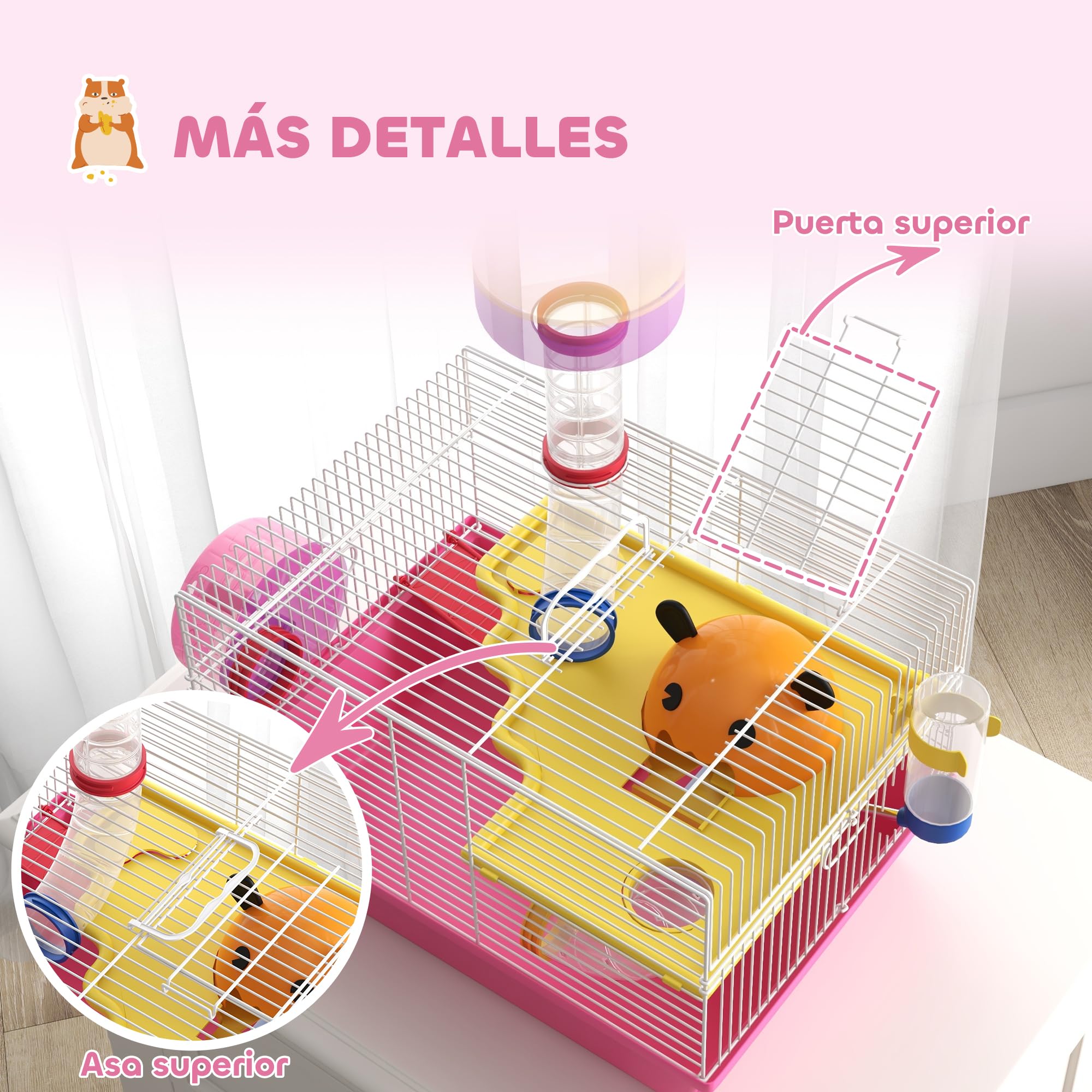 PawHut Jaula para Hámster Casa para Animales Pequeños con Rueda de Ejercicio Casita Cuenco Bebedero Torre de Observación 34x27x25 cm Rosa