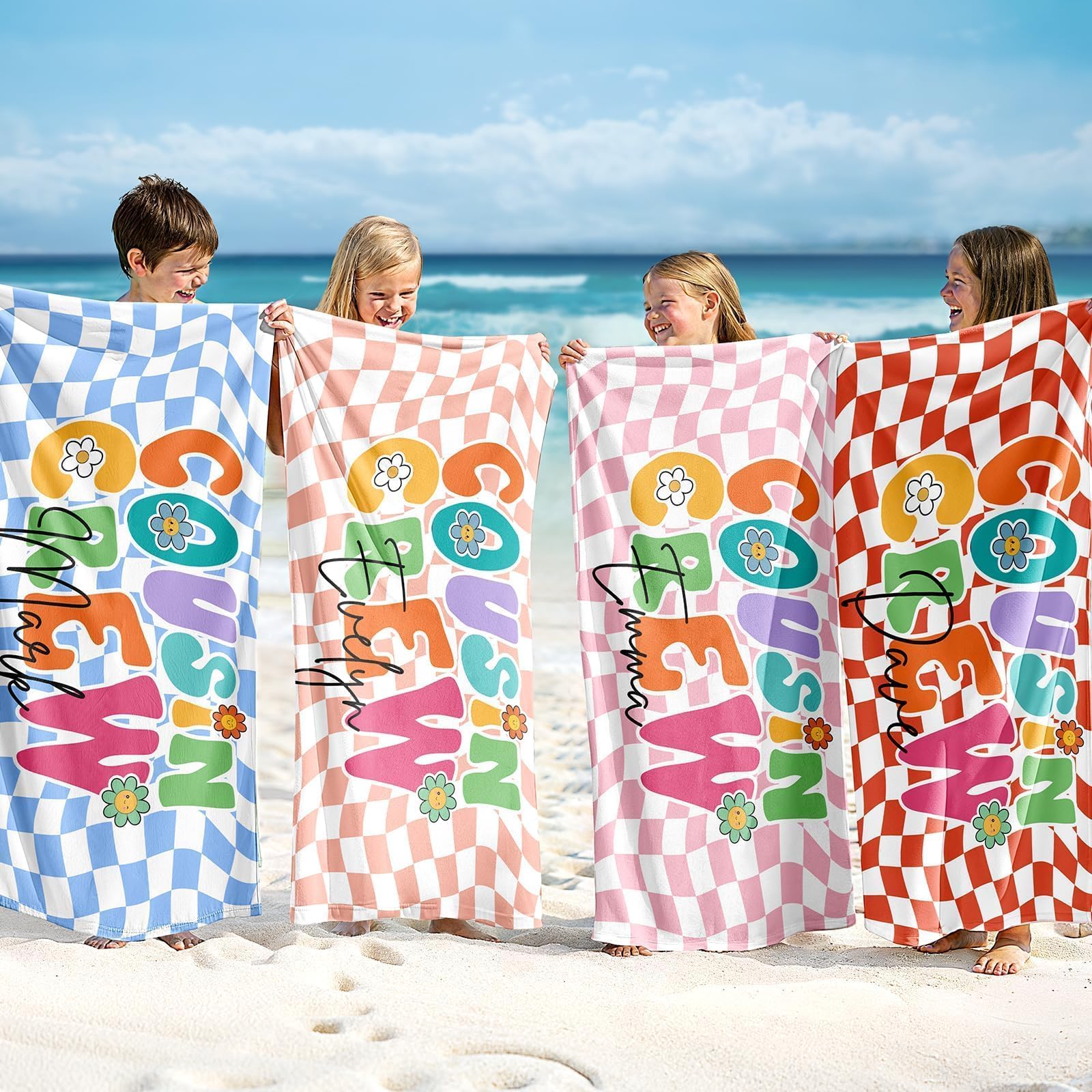 Infiher Personalised Beach Towels for Kids,Custom Cousin Crew Beach Towels with Name,Customised Kids 280gsm-420gsm Thick Soft Absorbent Monogrammed Towels for Swim,Bath,Pool,Vacation,Gifts(10 Colors) — image 1