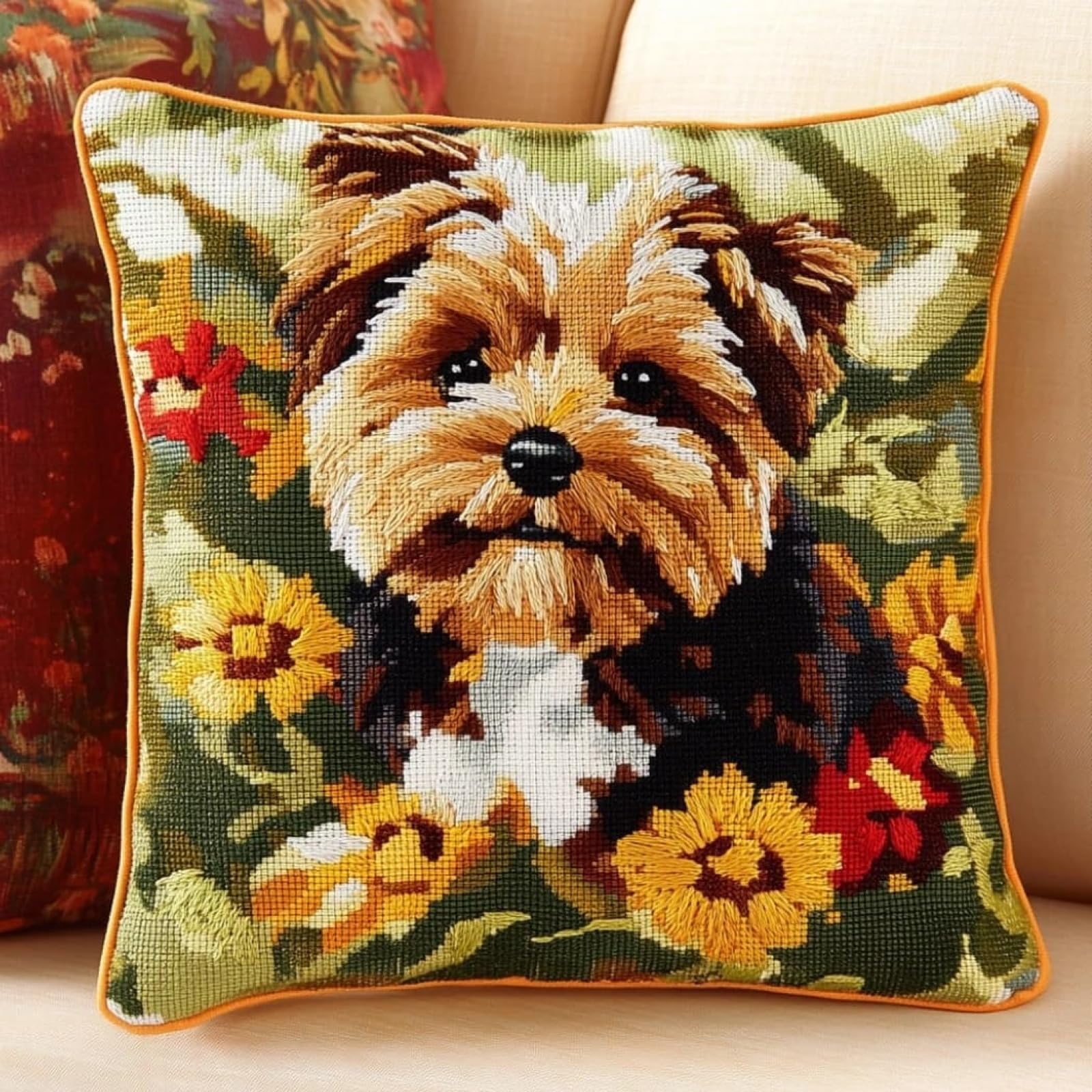WallustrioaW Cross Stitch for Embroidery kit,Yorkshire Terrier in the Flowerbed,Fabric Throw Pillow Cushion Cover,45x45cm Cross-Stitching Embroider Needlework Kits