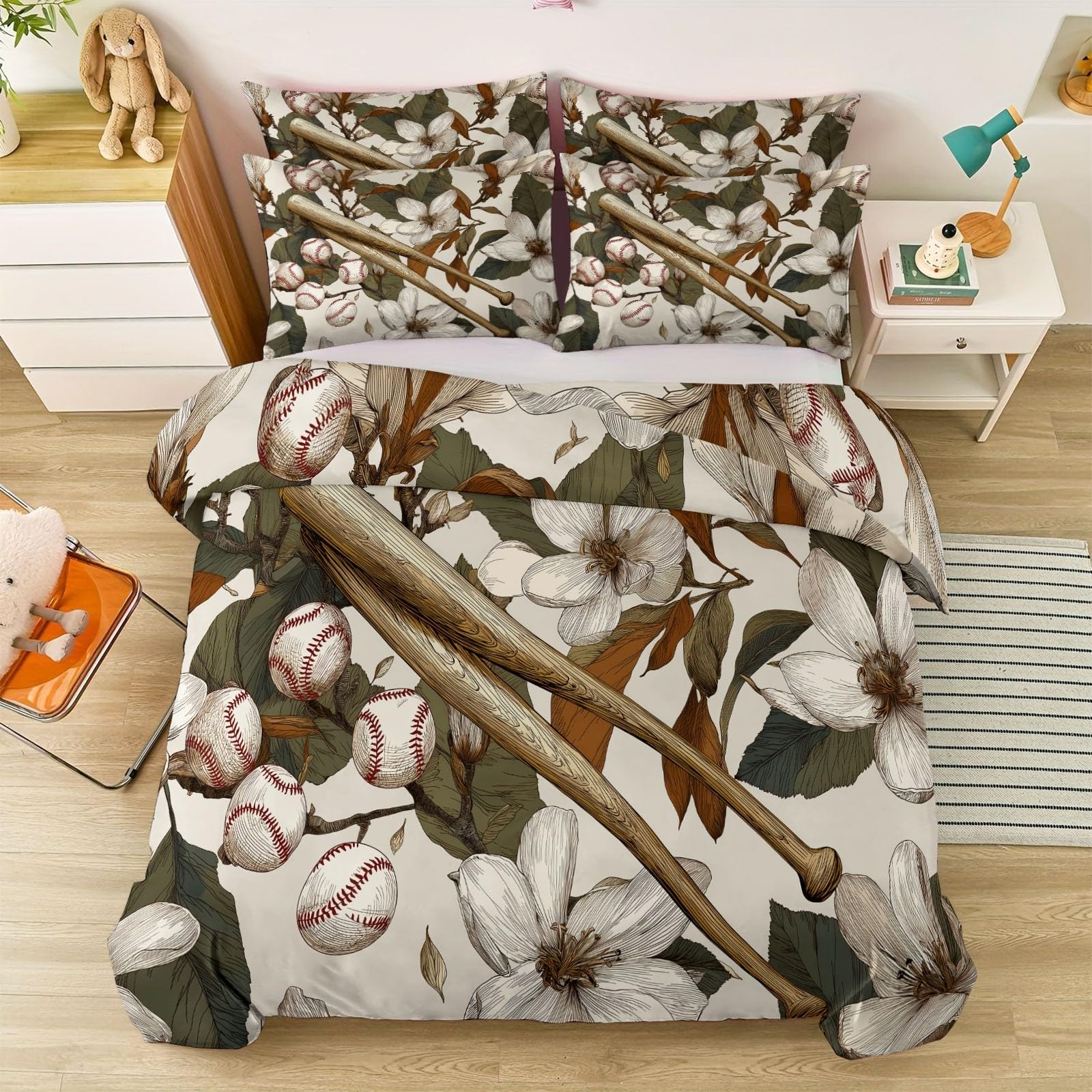 Poszwa na kołdrę 230 x 220 cm Retro Liście Baseball Kij, 3-częściowy dwustronny zestaw pościeli + 2 poszewki na poduszki, poszwa na kołdrę z zamkiem błyskawicznym, brązowy beżowy