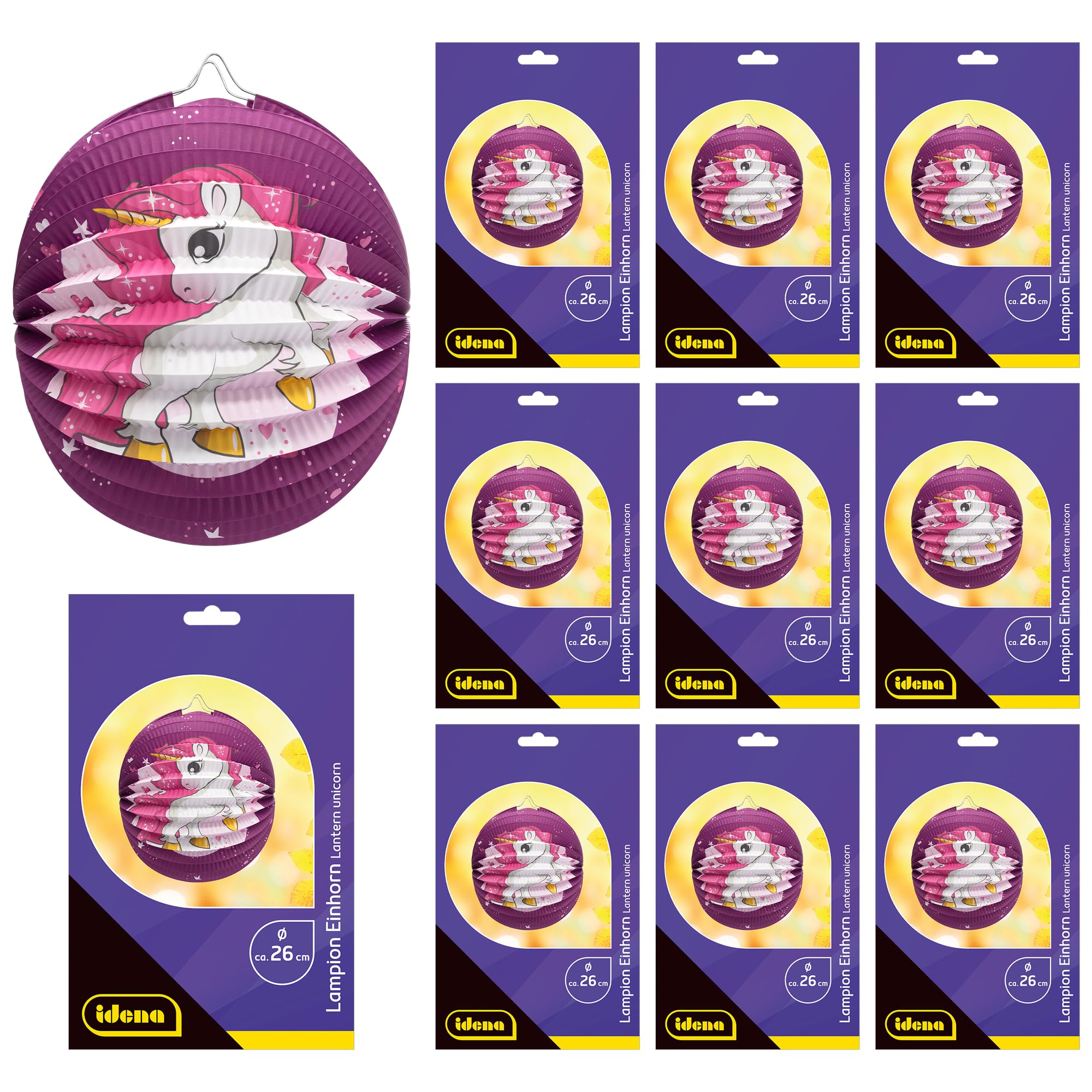 Idena 90283 Unicorn Lanterns, Pack of 10, Approx. Diameter 26 cm, Purple Paper Lanterns with Unicorn Design, Children's Lantern for Saint Martin and the Fairy Lights