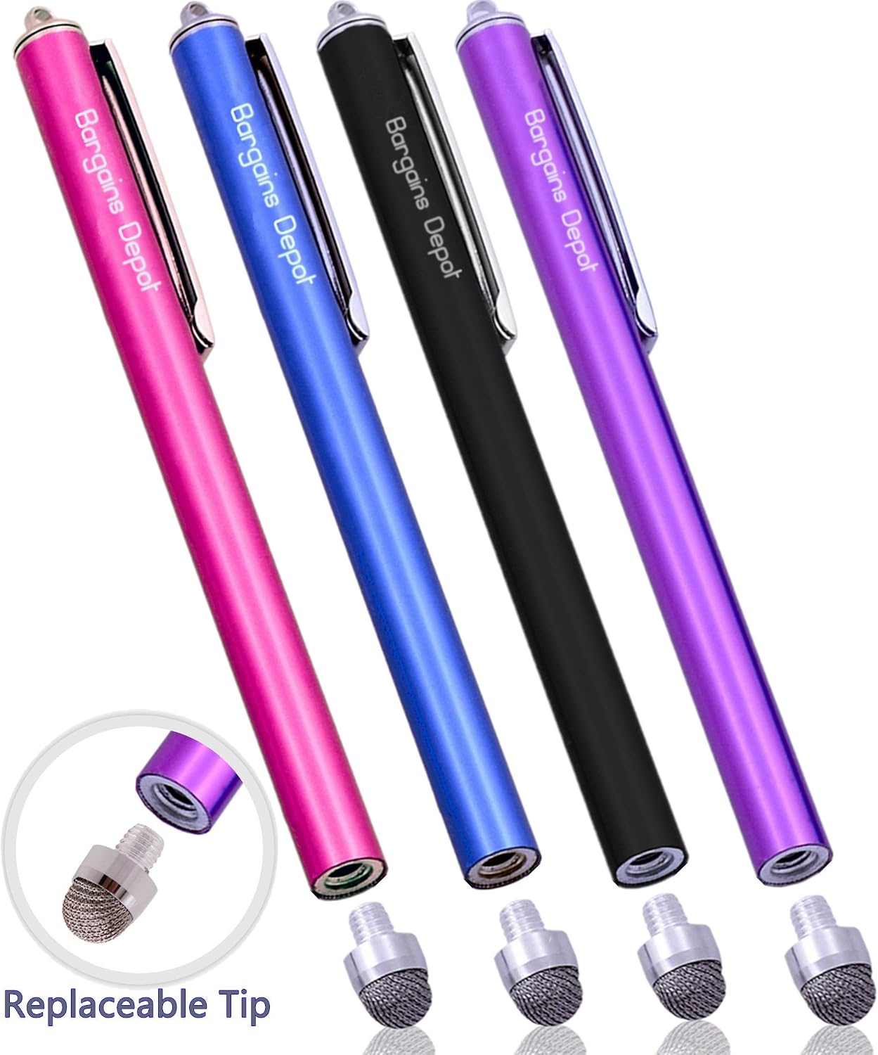 Bargains Depot [0.3-inch Hybrid Tip Series] 4Pcs Micro-Fiber Tip Stylus 5.5" L Ultra Sensitive Universal Capacitive Touch Screen Pens with Extra 4 Tips and Lanyards - ((Black&Blue&Purple&Pink))