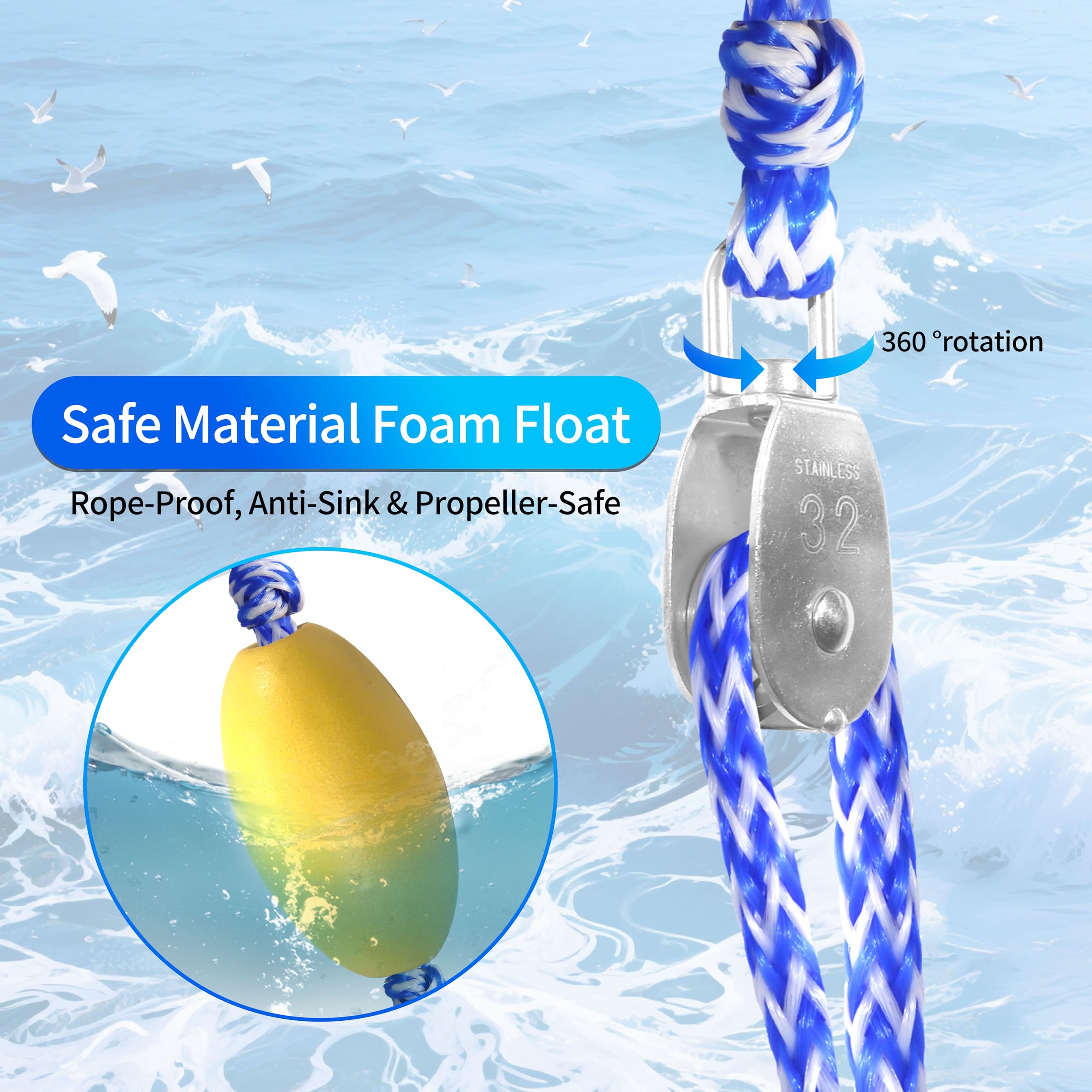 Cablaggio di traino per barche pesanti per tubi, corda di traino per sport acquatici per rimorchi e tubi per barche, autocentranti per barche, moto d'acqua, pontone, wakeboard