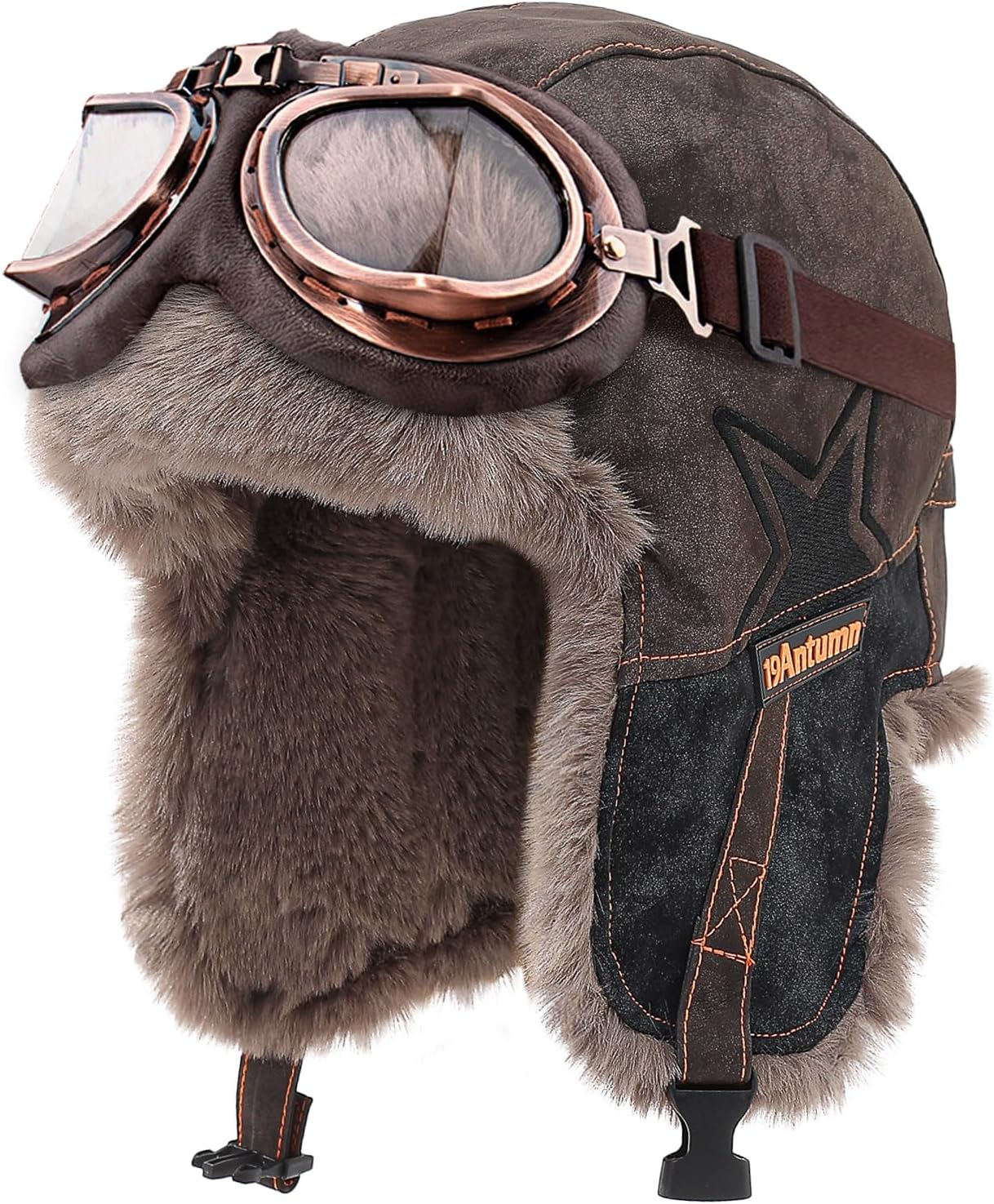Peicees Aviator Hat and Goggles Pilot Cap with Goggles- Vintage Aviator Costume Winter Trapper Hat with Earflaps Adult