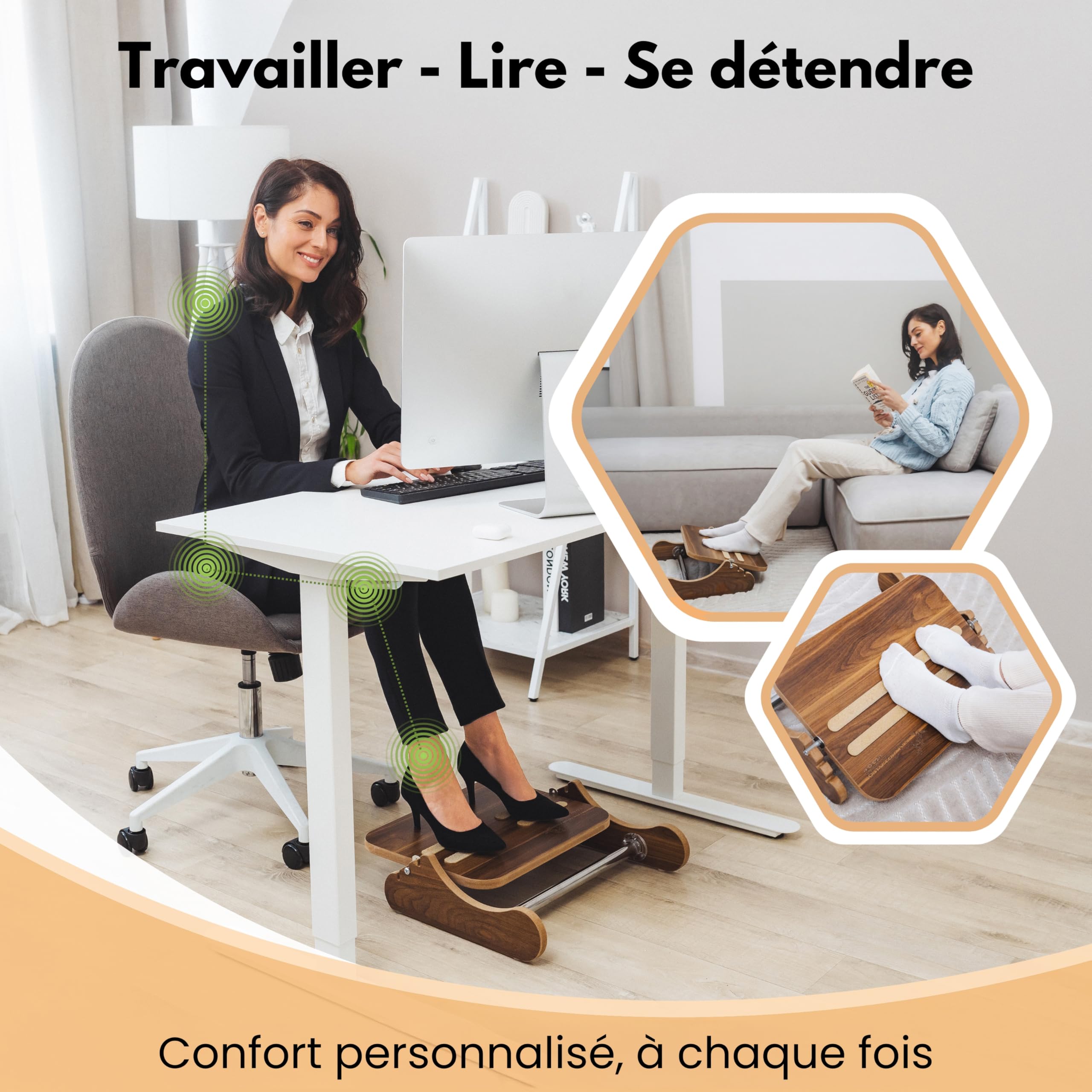 Reposapiés de Madera para Oficina – Reposa Pies Ergonómico con Altura Ajustable y Movimiento Basculante – Mejora la Postura en Escritorio o Teletrabajo