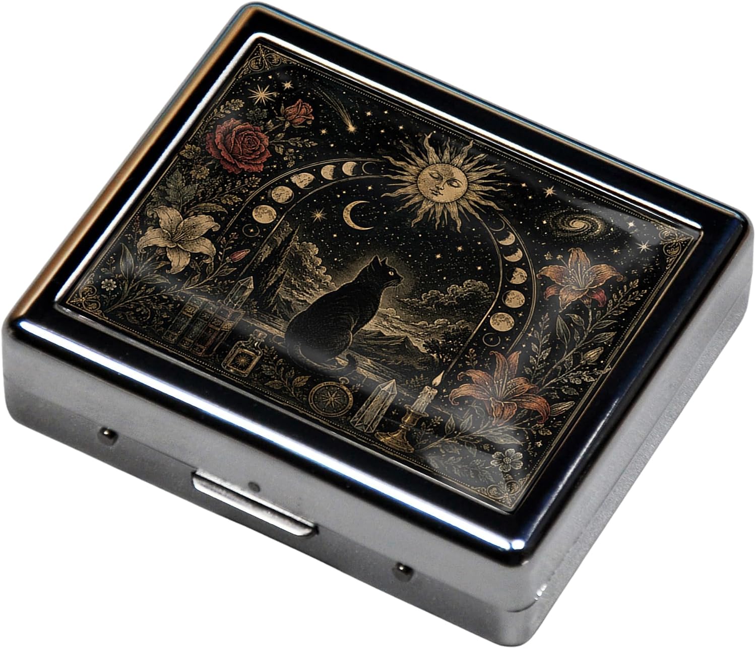 Silver Vintage Pill Box, 7 Day Metal Pill Case with Mirror, 8 Compartments Travel Pill Organizer for Purse, Cute Portable Medicine Box for Vitamins, Tablets, Daily Medication(Black cat) image 4