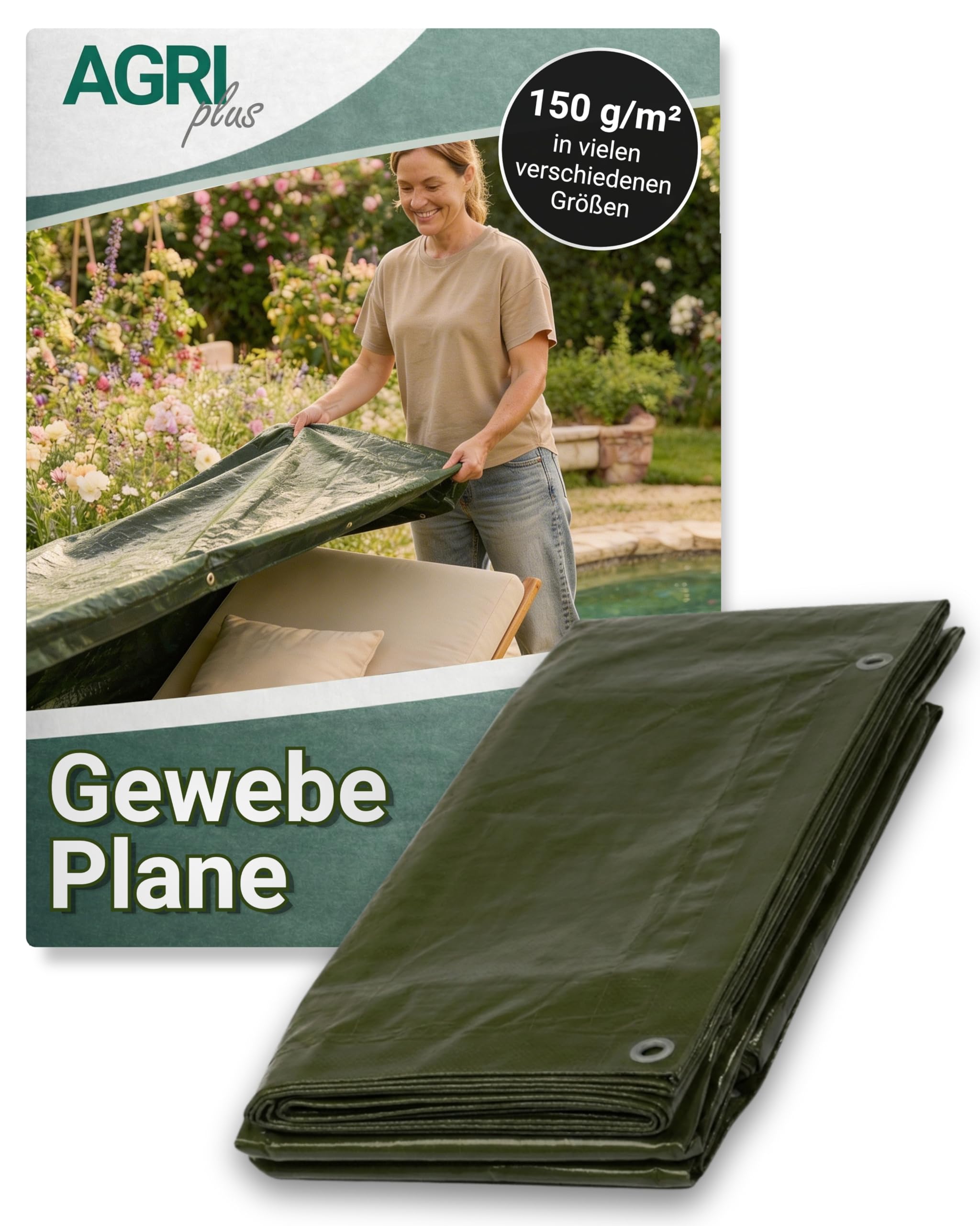 AGRI plus Gewebeplane 150 g/m² I 4 x 8 m I Verschiedene Größen I wasserdichte Abdeckplane mit Ösen I Beidseitig beschichtet & reißfest I Allzweckplane für Garten, BAU & Outdoor