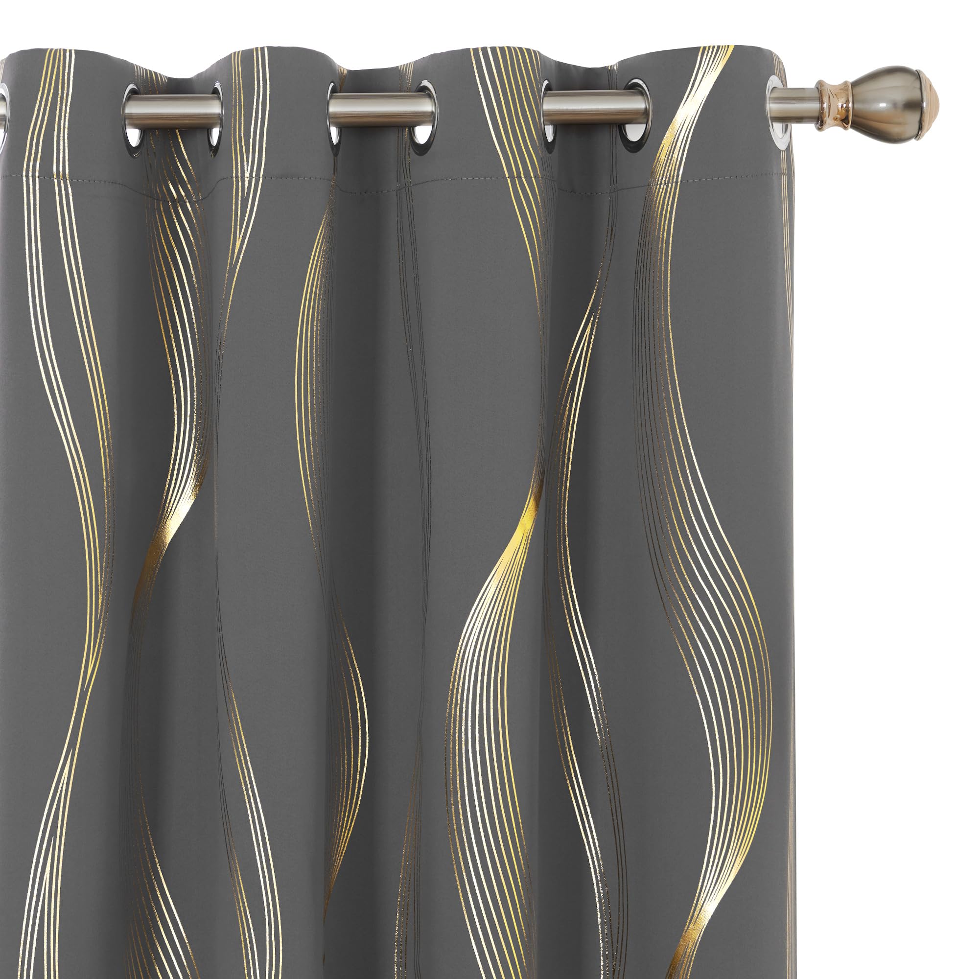 Deconovo Grey Curtains 46 x 54 Inch Foil Printed Wave Line Room Darkening Curtains Thermal Insulated Energy Saving Super Soft Eyelet Blackout Curtains for Bedroom Light Grey 2 Panels — view 27
