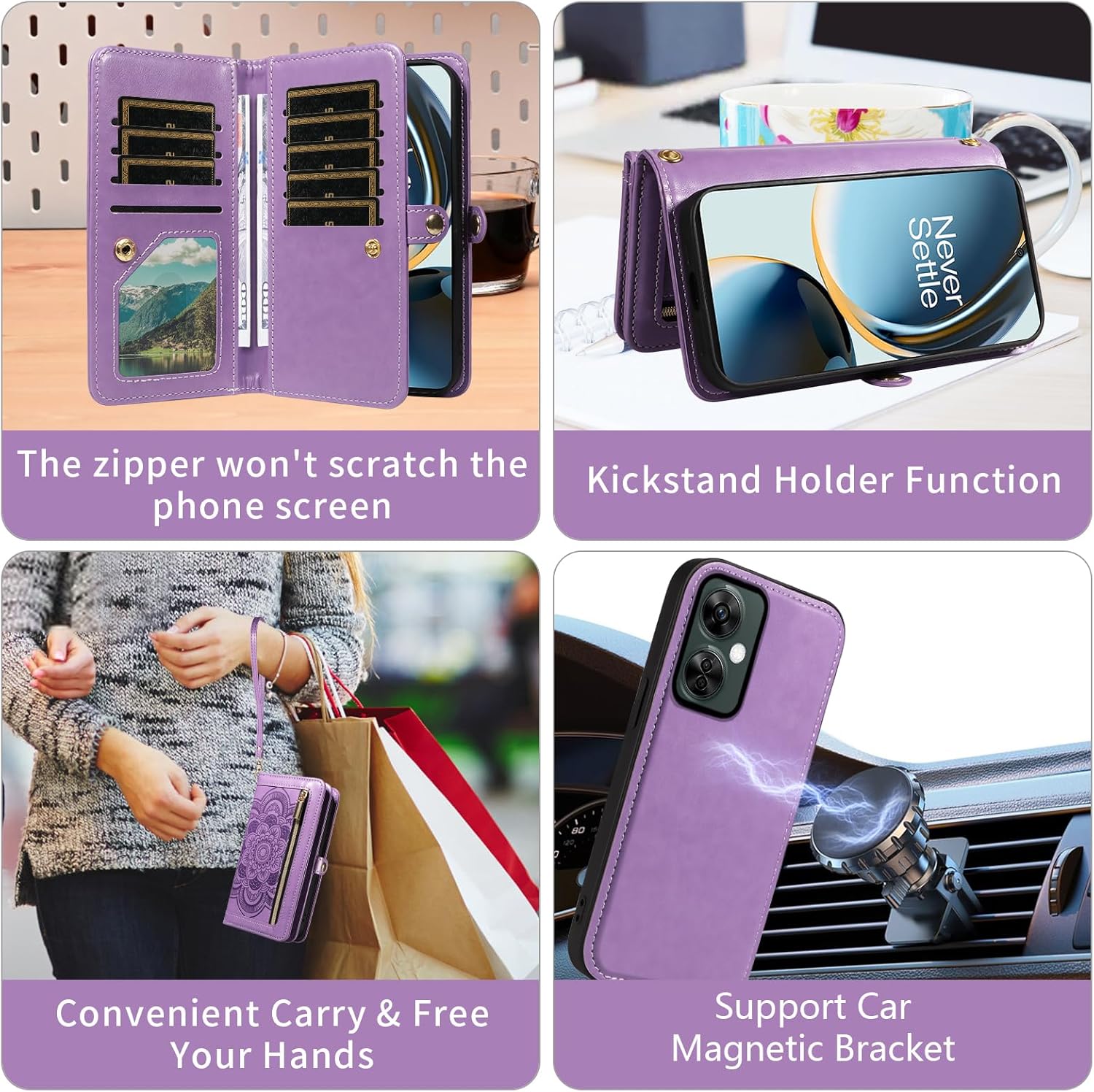 Asuwish Phone Case for OnePlus Nord N30 5G/CE 3 Lite Zipper Wallet Detachable Cell Cover with Tempered Glass Screen Protector Strap Flower Card Holder OPPO K11x/One Plus 1 1+ N 30/CE3 Women Men Purple