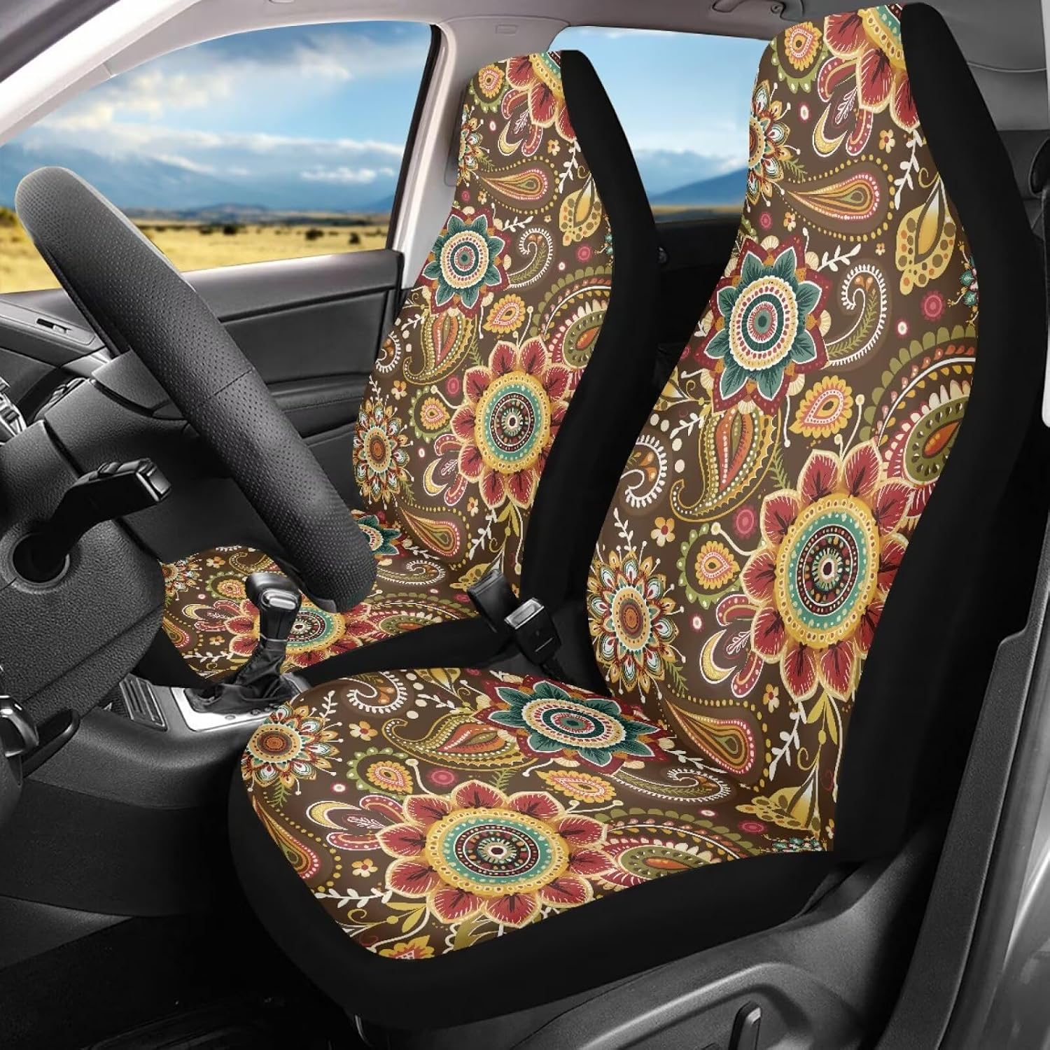 Hippie Flower Car Seat Covers,Front Auto Seat Cover Protectors Full Set of 2 Pcs Blossom Lotus Print Car Accessories Seat Cushion Pads for Women Boho Vehicle Bucket Seat Pad,Universal Fit