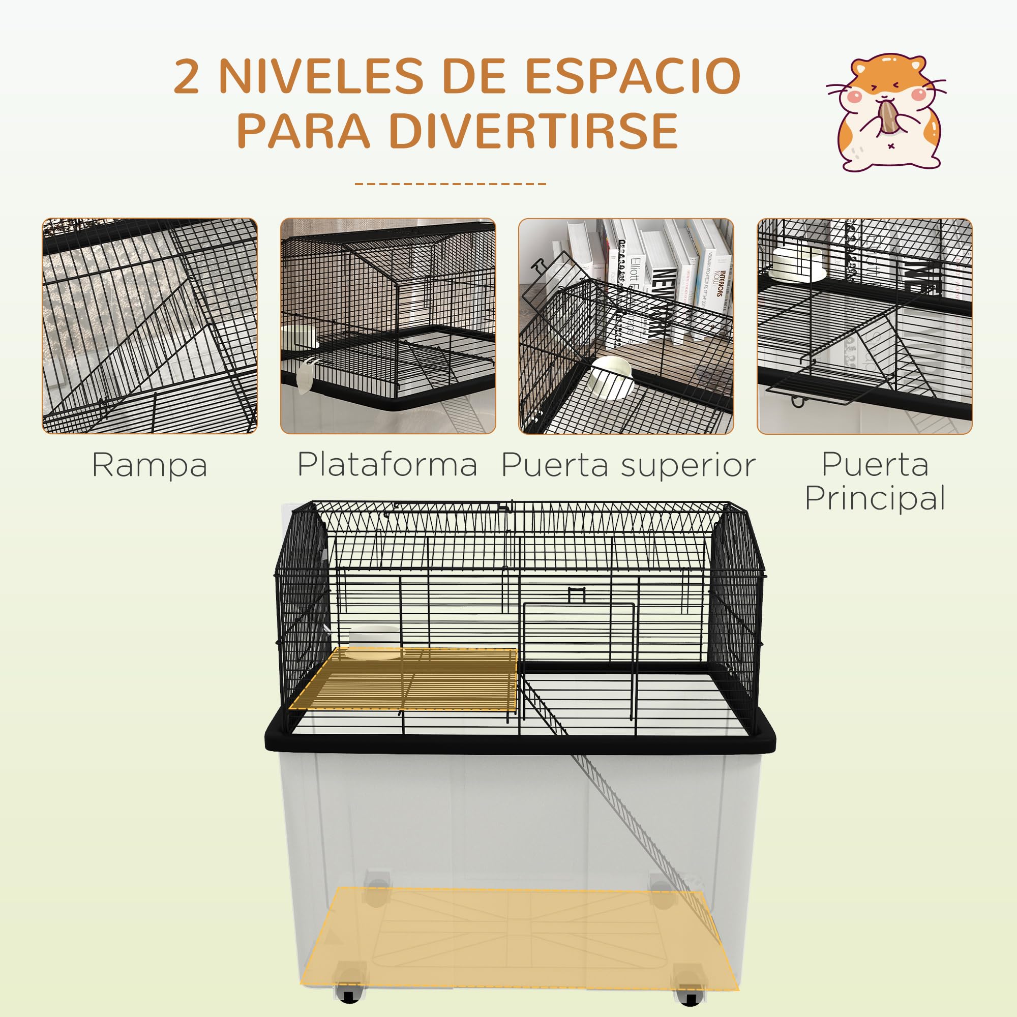 PawHut Jaula para Hámster Casa para Animales Pequeños con Fondo Profundo Plataforma Cuenco Bebedero Rampa y Ruedas 57x43x57 cm Negro