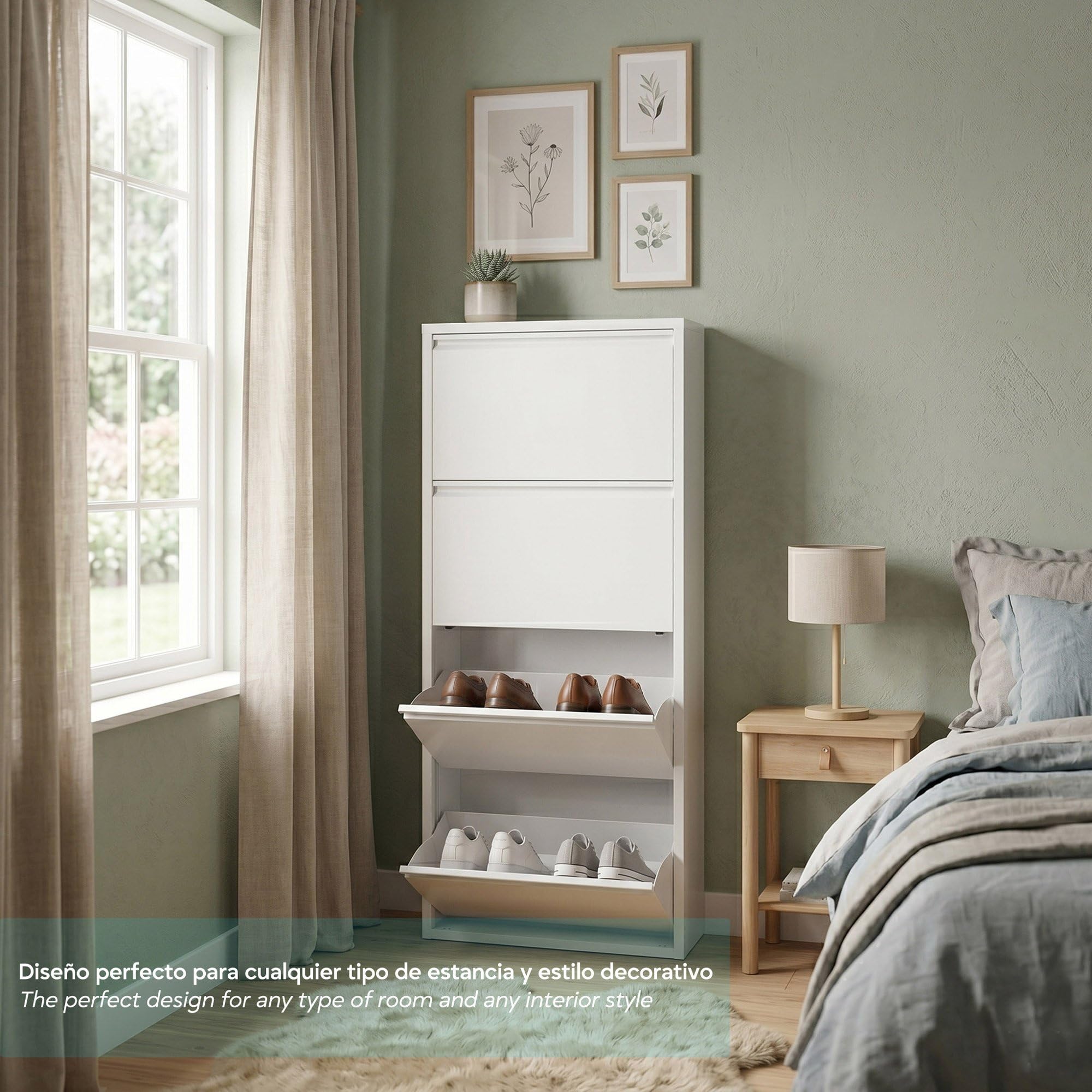 Mueble Zapatero Estrecho para Recibidor y Pasillo – Armario Zapatero Abatible de 4 Puertas con Balda Ajustable, Capacidad 8 Pares, Sistema Antivuelco y Diseño Slim (13,5 x 50 x 136,5 cm), color Blanco