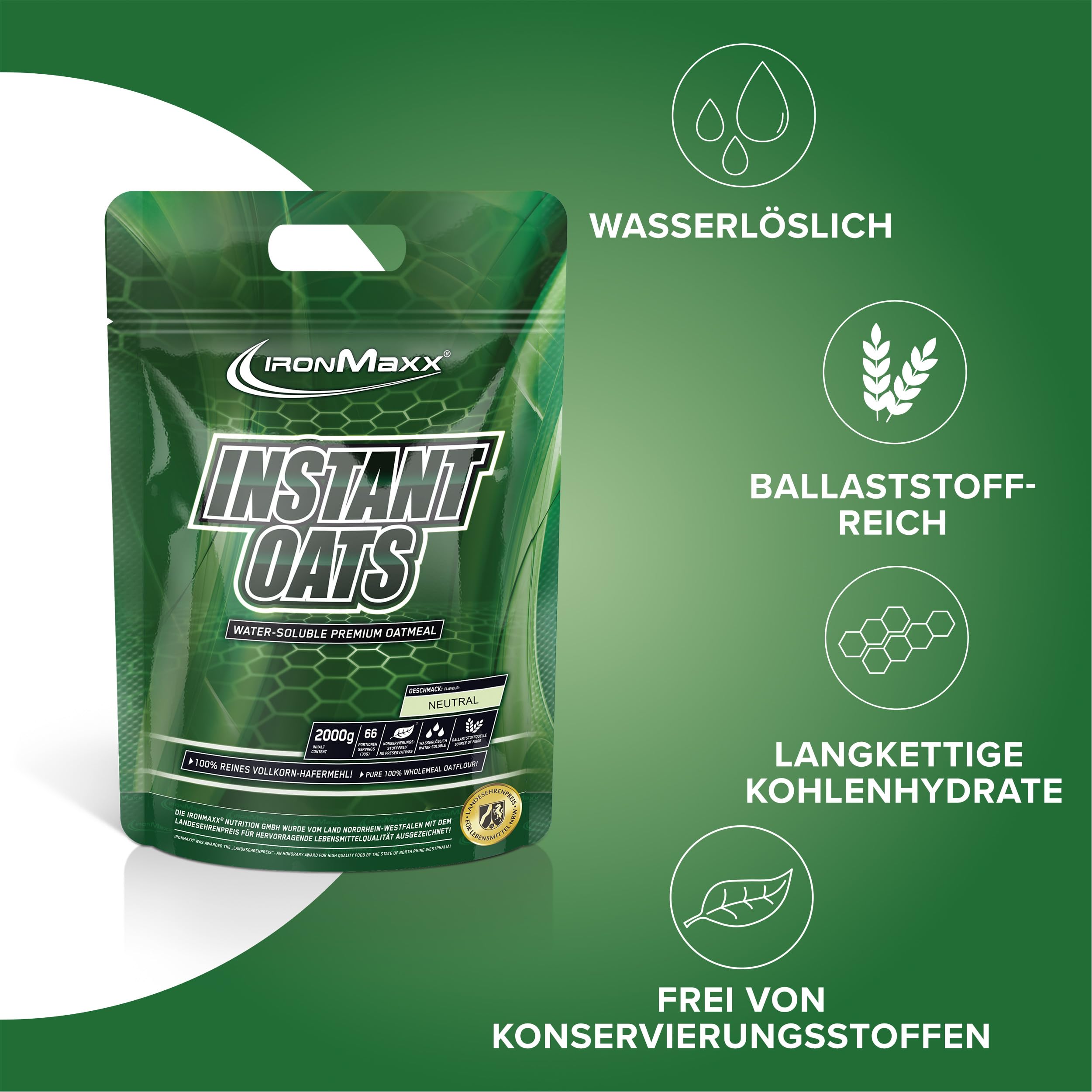 IronMaxx Instant Oats płatki owsiane – neutralny worek 2000 g | naturalny wegański gainer | niski poziom cukru i bez substancji konserwujących
