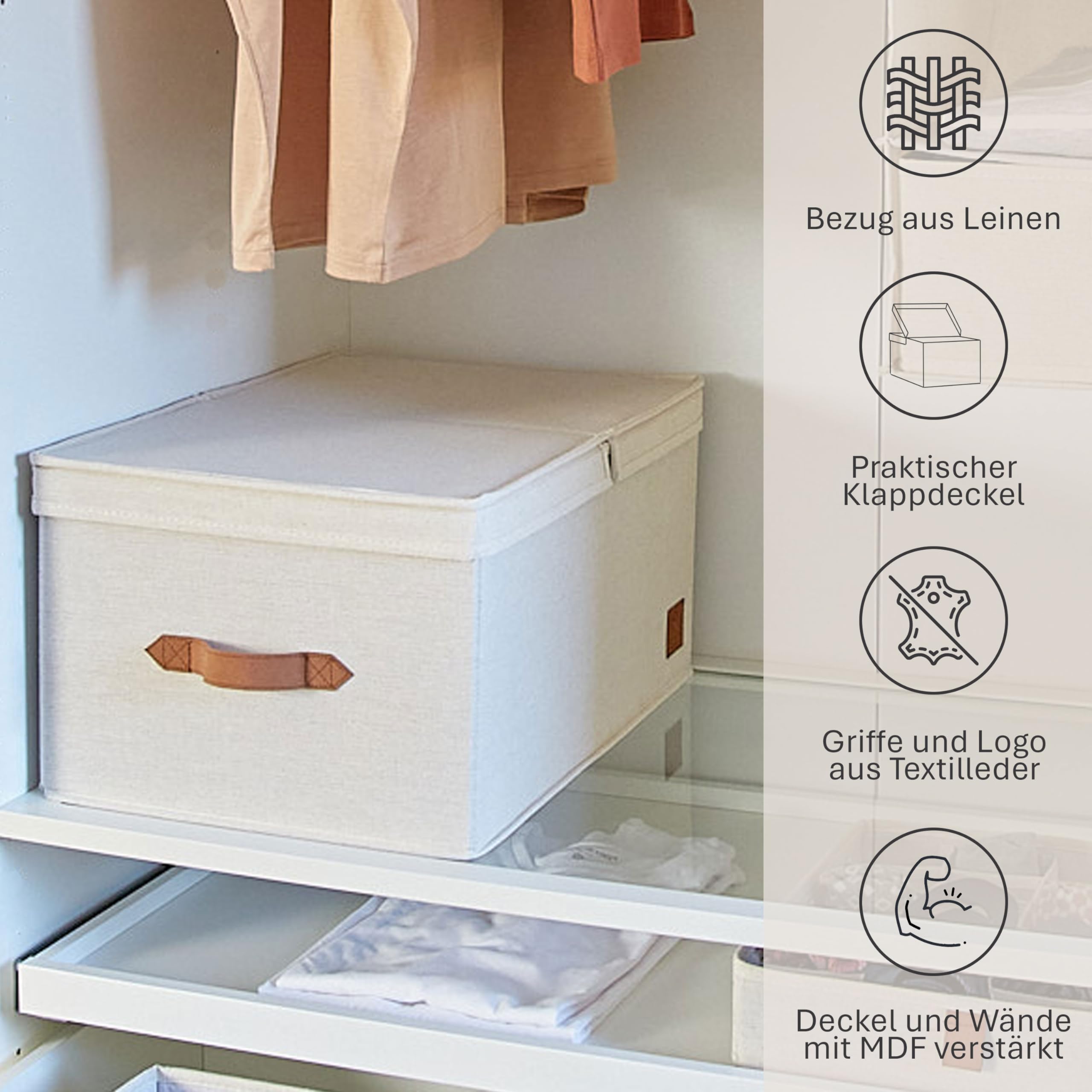 LOVE IT STORE IT Premium Aufbewahrungsbox mit Deckel Stoff - Aus Leinen-Baumwoll-Gemisch - Verstärkt mit Holz - Groß und stabil - Beige - 50x33x24 cm (Packung mit 3)